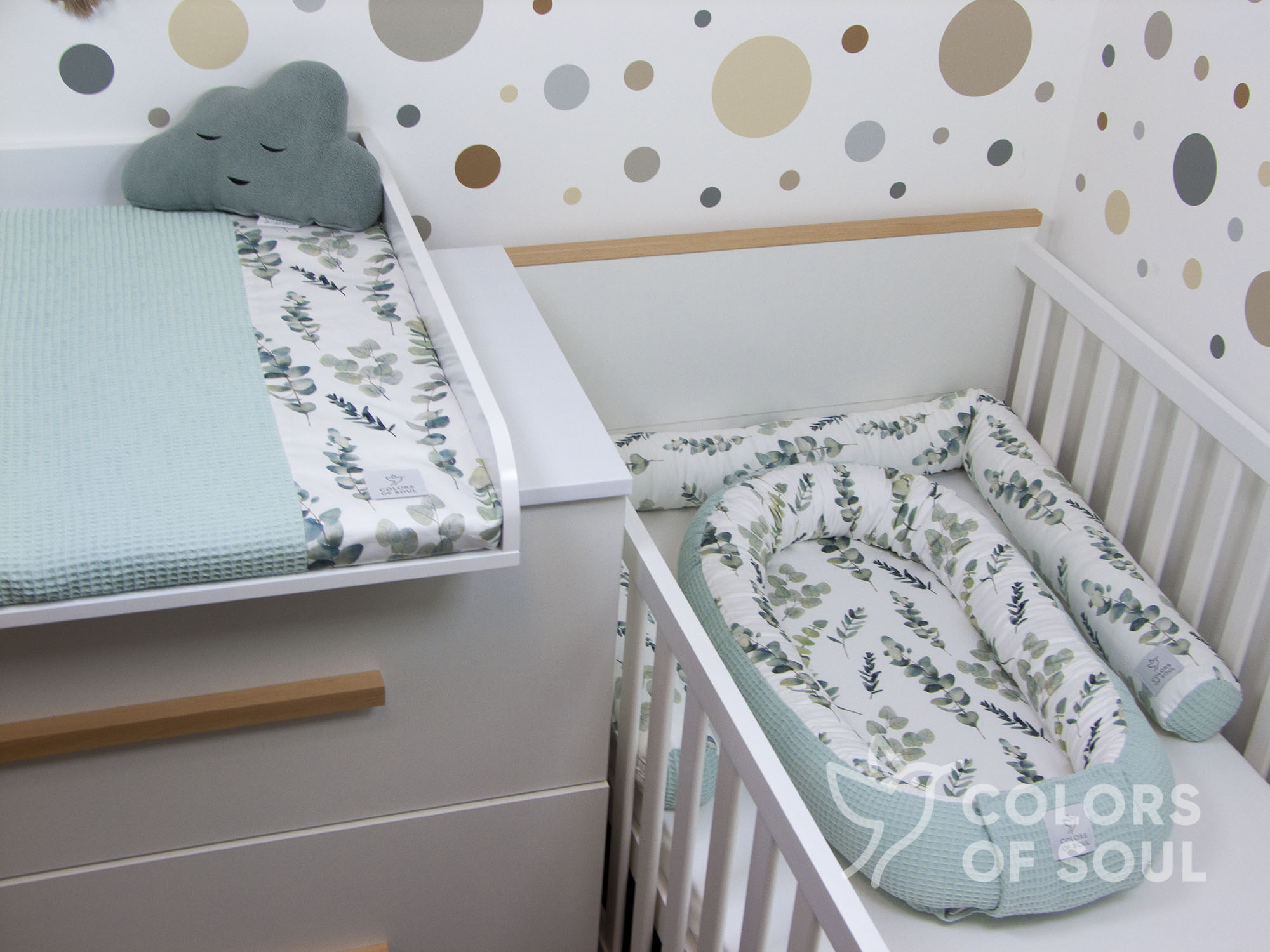 3-er SET - Wickelauflage mit Inlett, Babynest, Bettrolle - Eukalyptus Aquarell / Waffel pastellmint