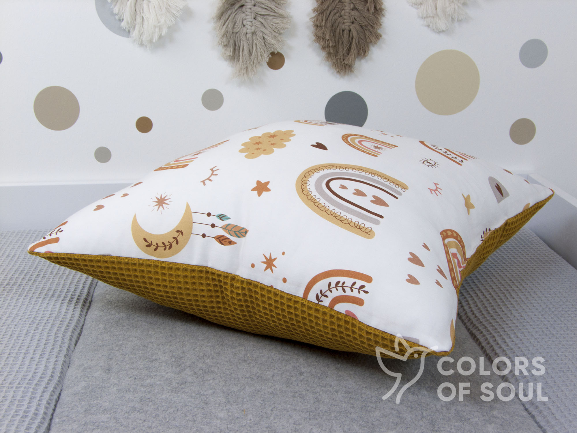 Namenskissen Baby boho Regenbogen / Waffelpique gelb