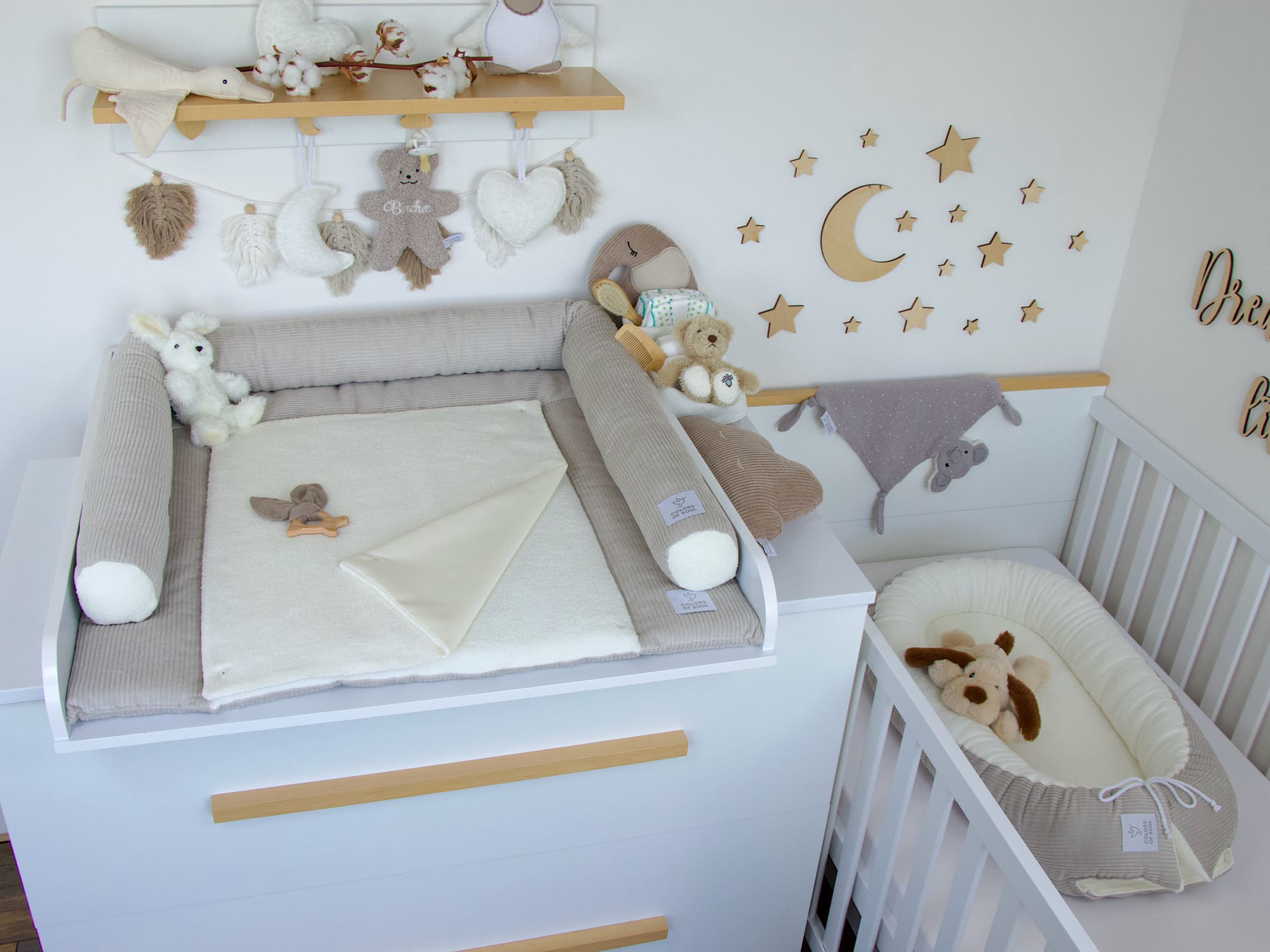3-er SET - Wickelauflage, Bettschlange, Babynest - Kord hellbeige / Baumwollfleece creme