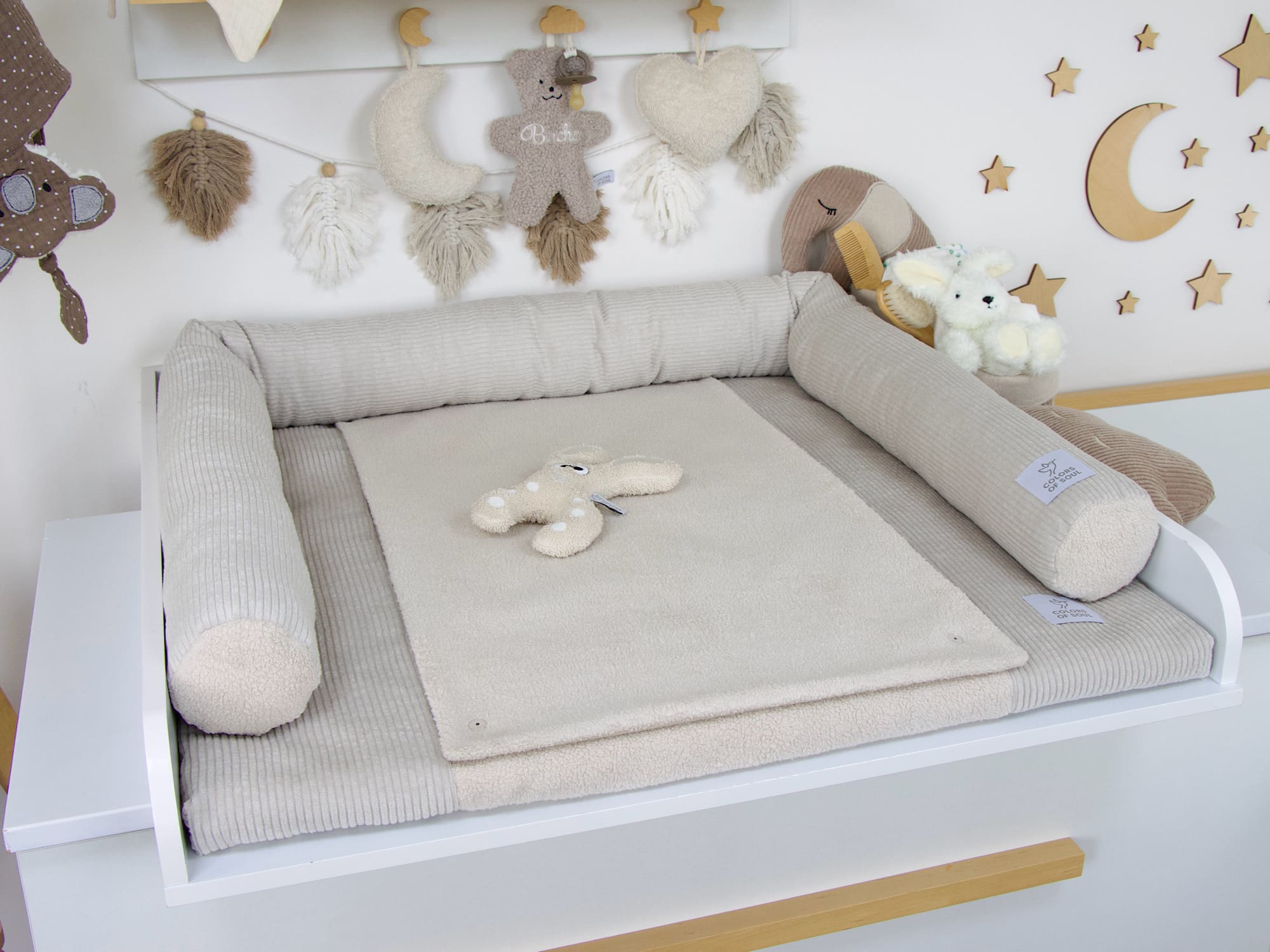 Wickelauflage mit Bezug und klassischer Bettschlange in Cord Hellbeige und Baumwollfleece Hellbeige