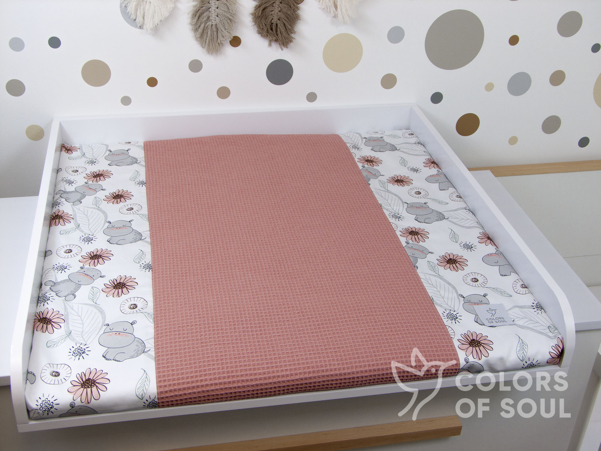 2-er SET - Wickelauflage mit Inlett, Bettschlange - niedliche Nilpferde / Waffelpique blush