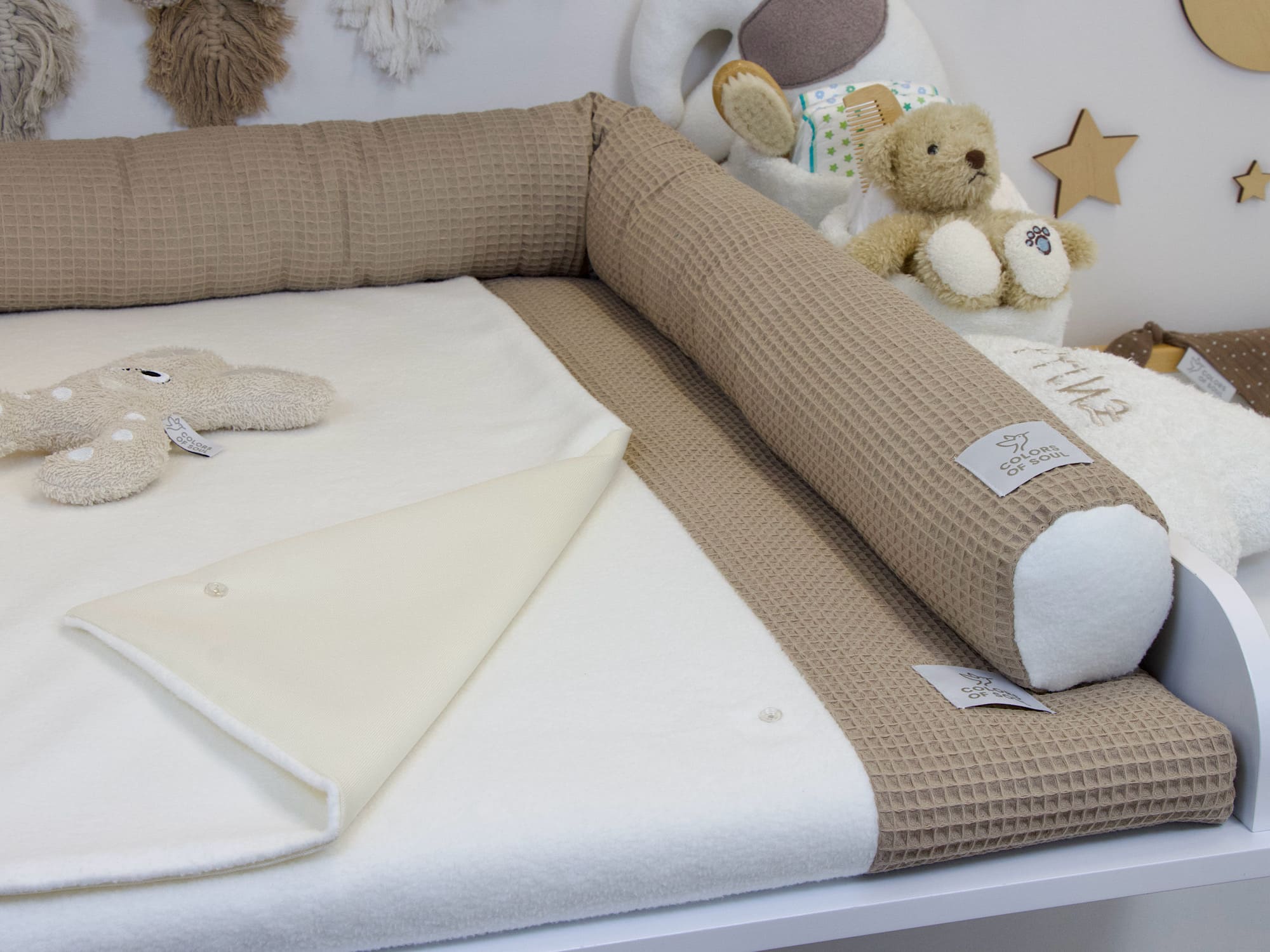 3-er SET - Wickelauflage mit Inlett, Babynest, Bettrolle - Waffel dunkelbeige/ Baumwollfleece creme