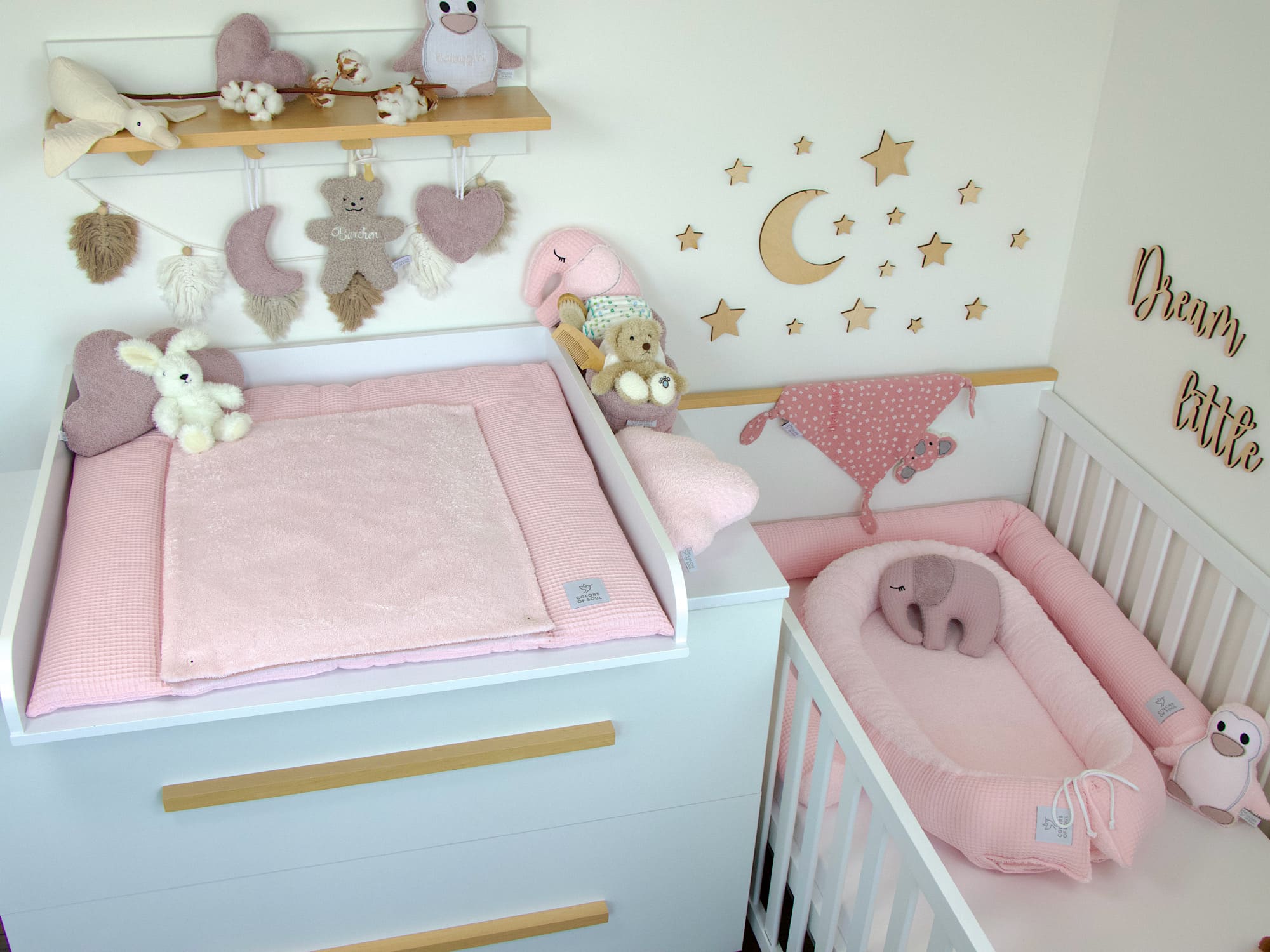3-er SET - Wickelauflage, Bettschlange, Babynestchen - Waffelpique hellrosa / Frottee hellrosa