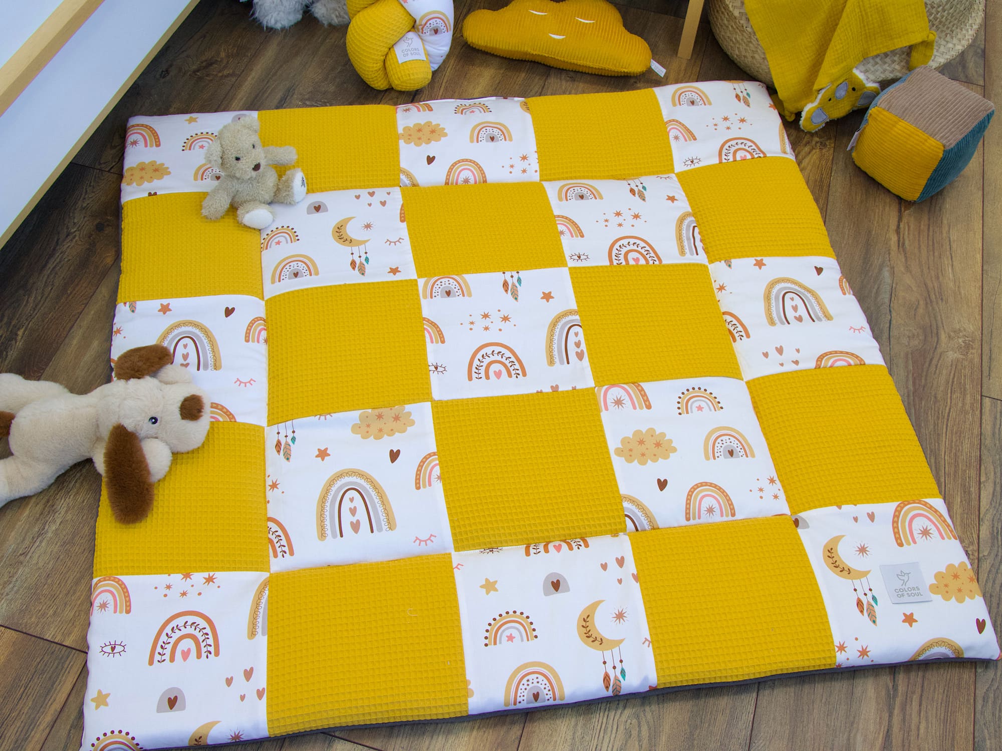 Krabbeldecke - Waffelpique gelb / Baby boho Regenbogen