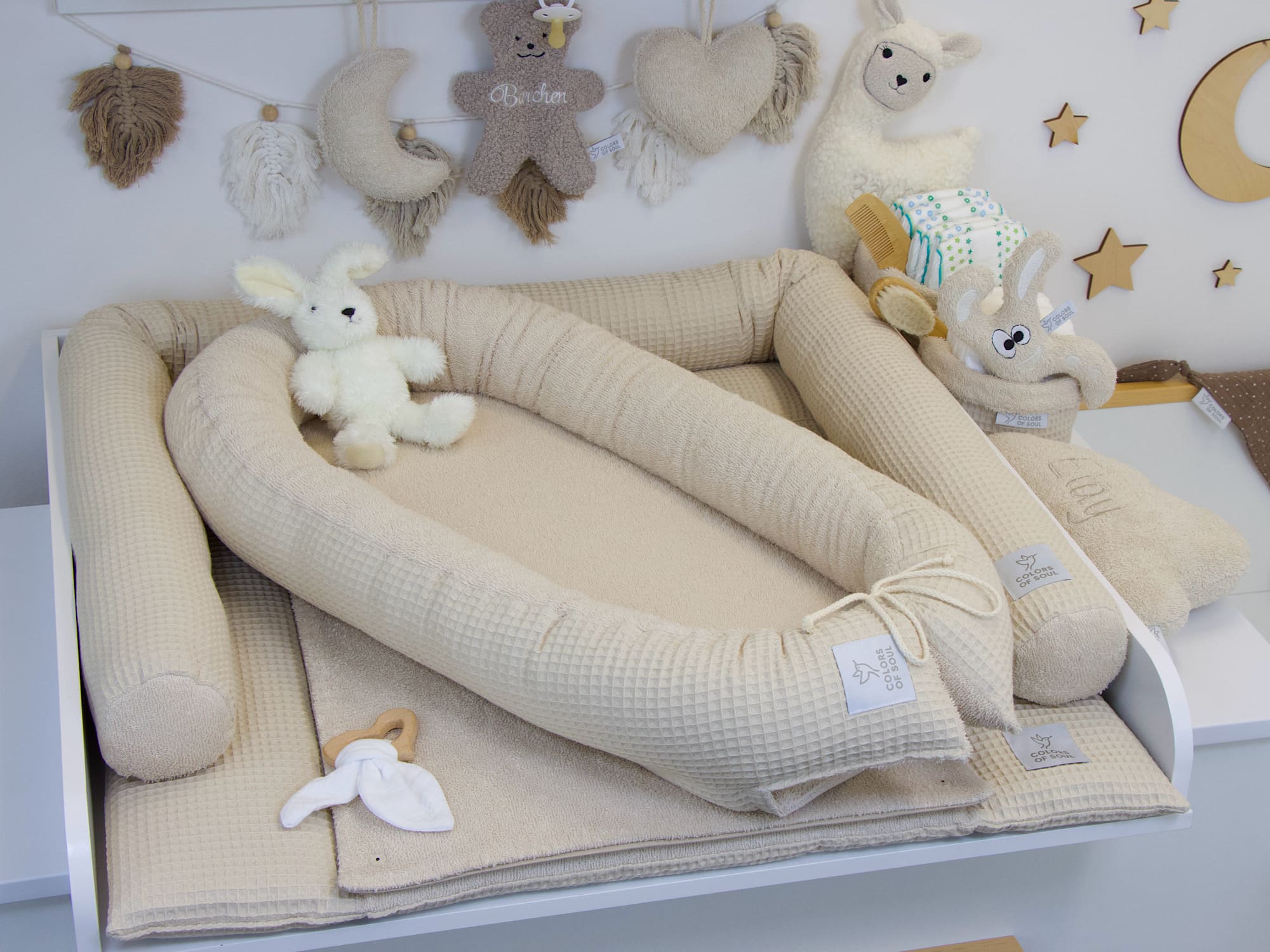 3-er SET - Wickelauflage, Bettschlange, Babynestchen - Waffelpique light sand / Frottee light sand