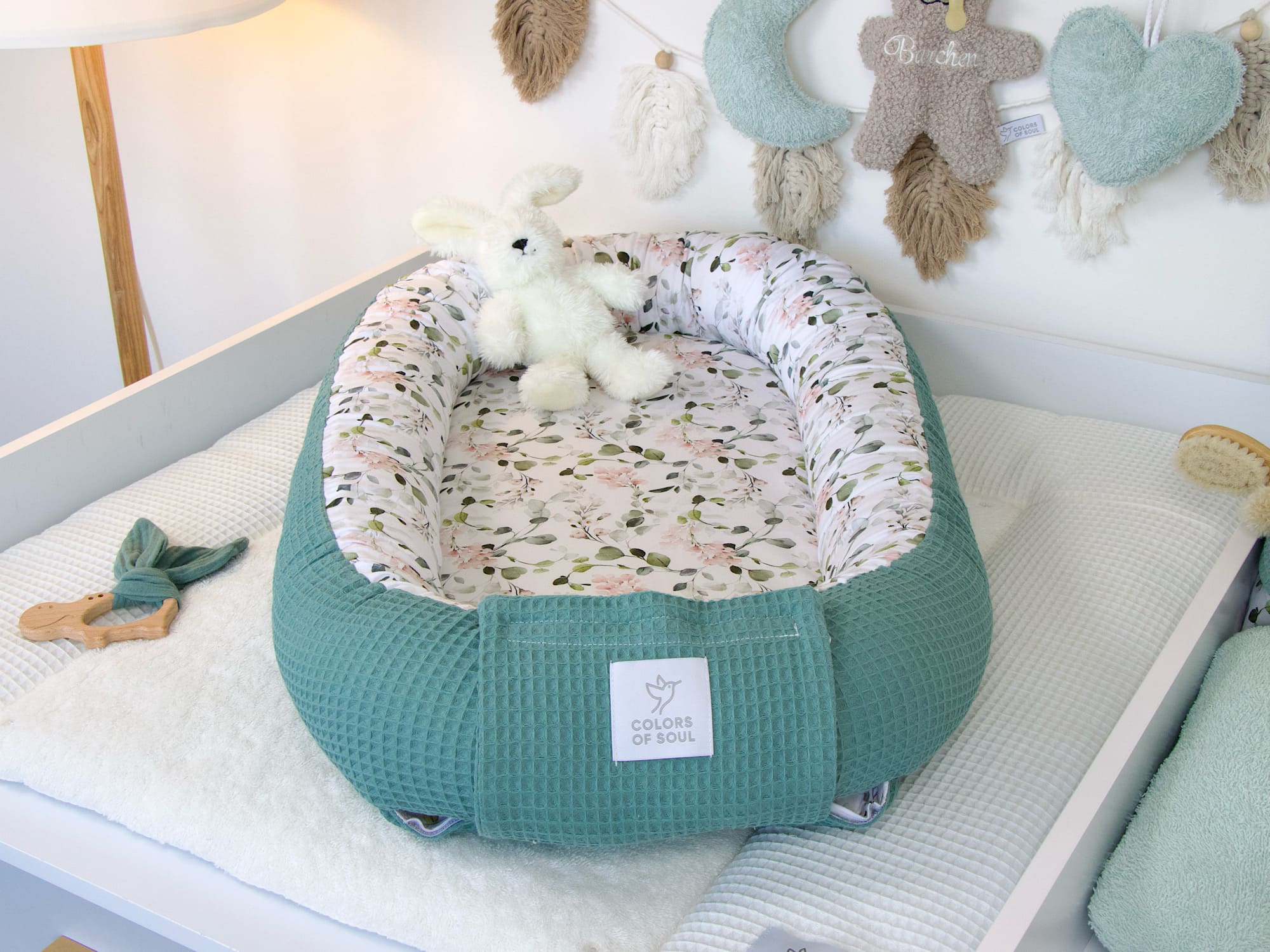 Babynest - Gartenblumen rosa / Waffelpique altgrün