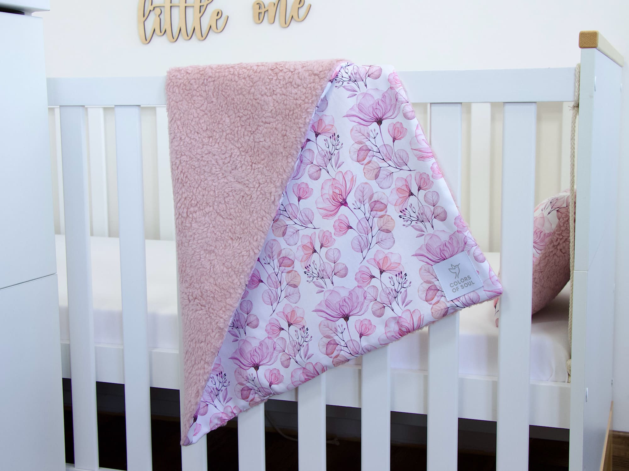 Babydecke - Tulpenmagnolie Aquarell groß / Teddyplüsch creme