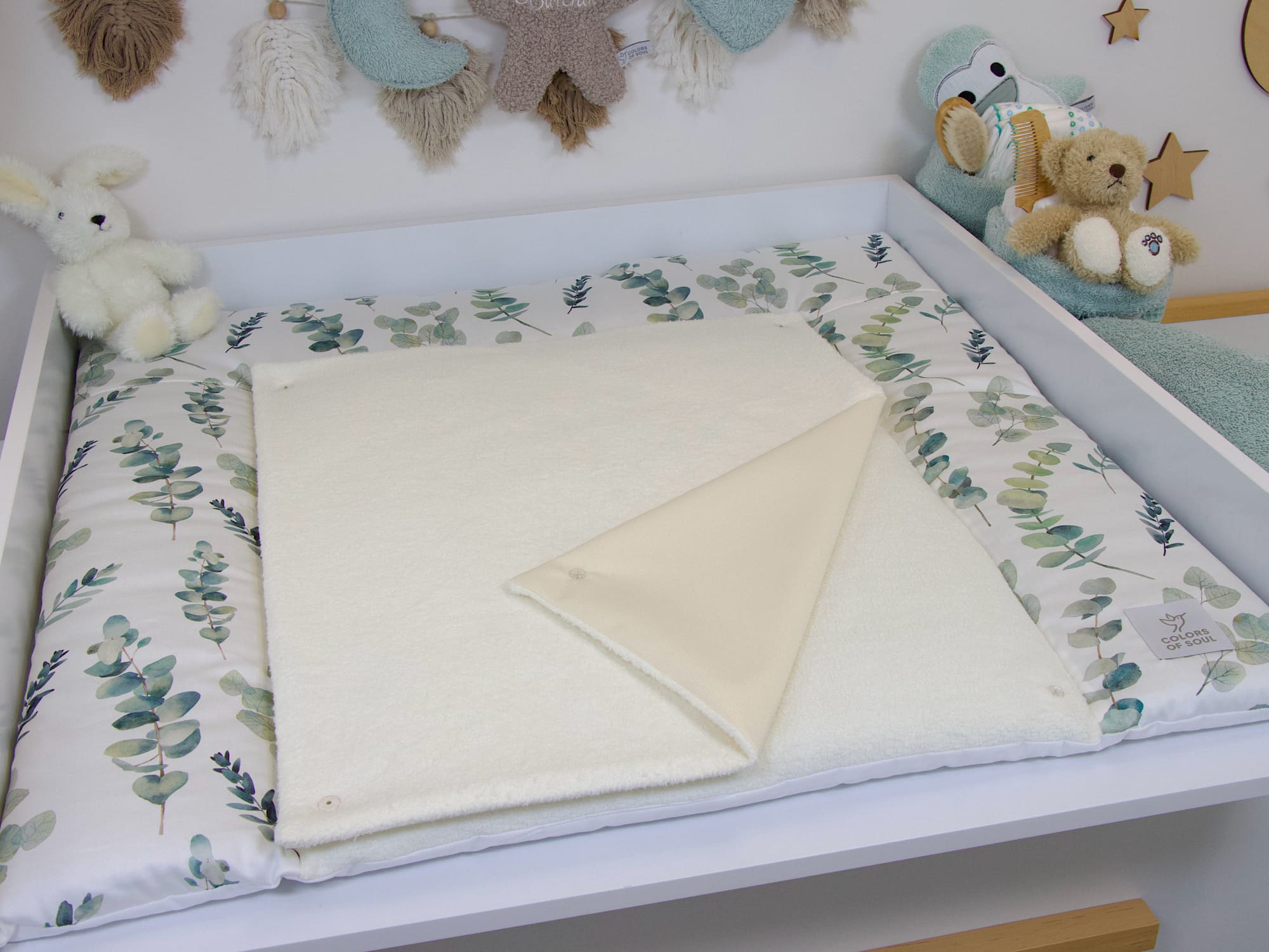 Rundum vernähte Wickelauflage ohne abnehmbaren Bezug – Eukalyptuszweige Aquarell / Baumwollfleece Creme