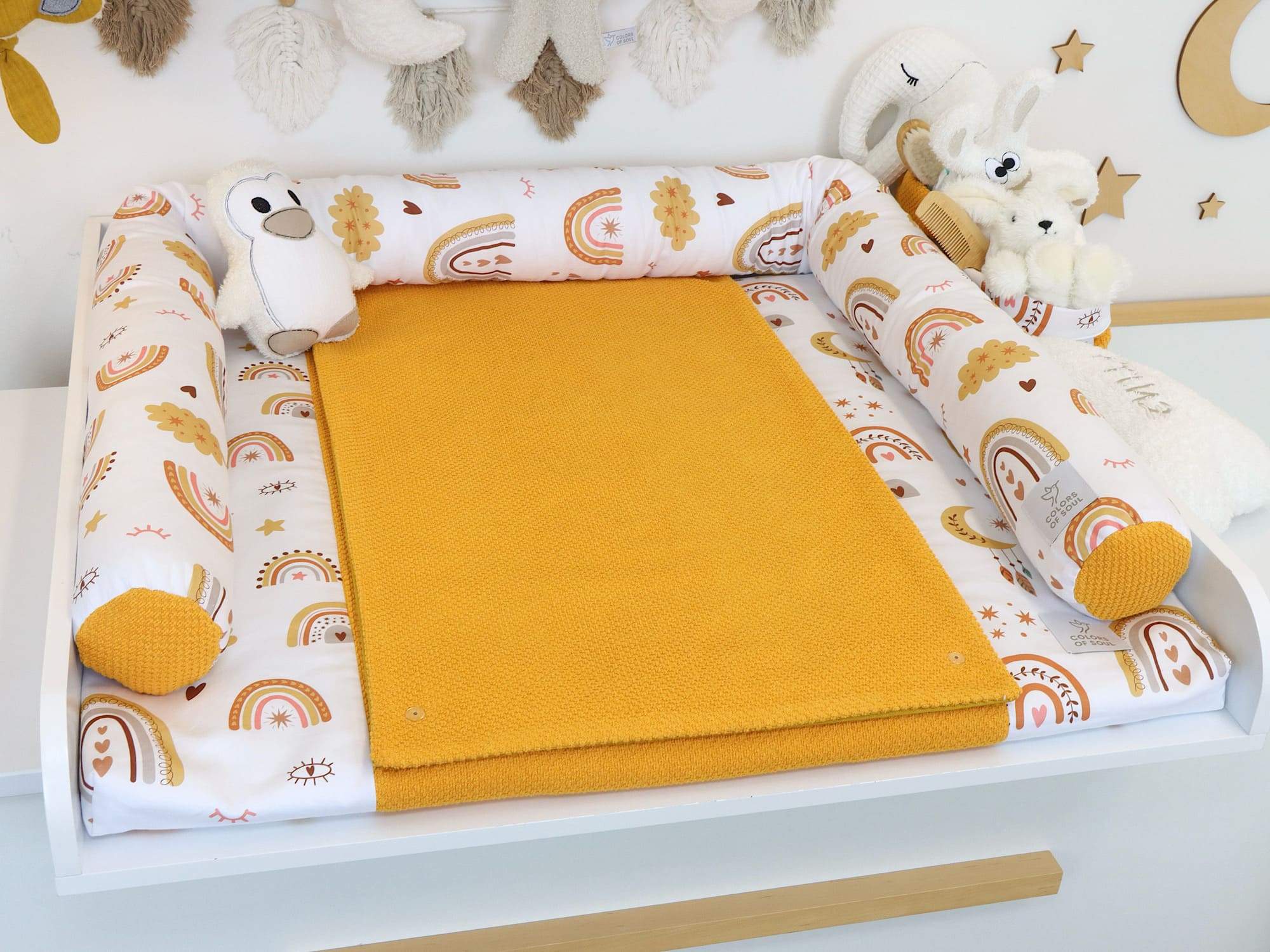 2-er SET - Wickelauflage mit Inlett, Bettschlange - Baby boho Regenbogen / Waffelpique BeBe gelb