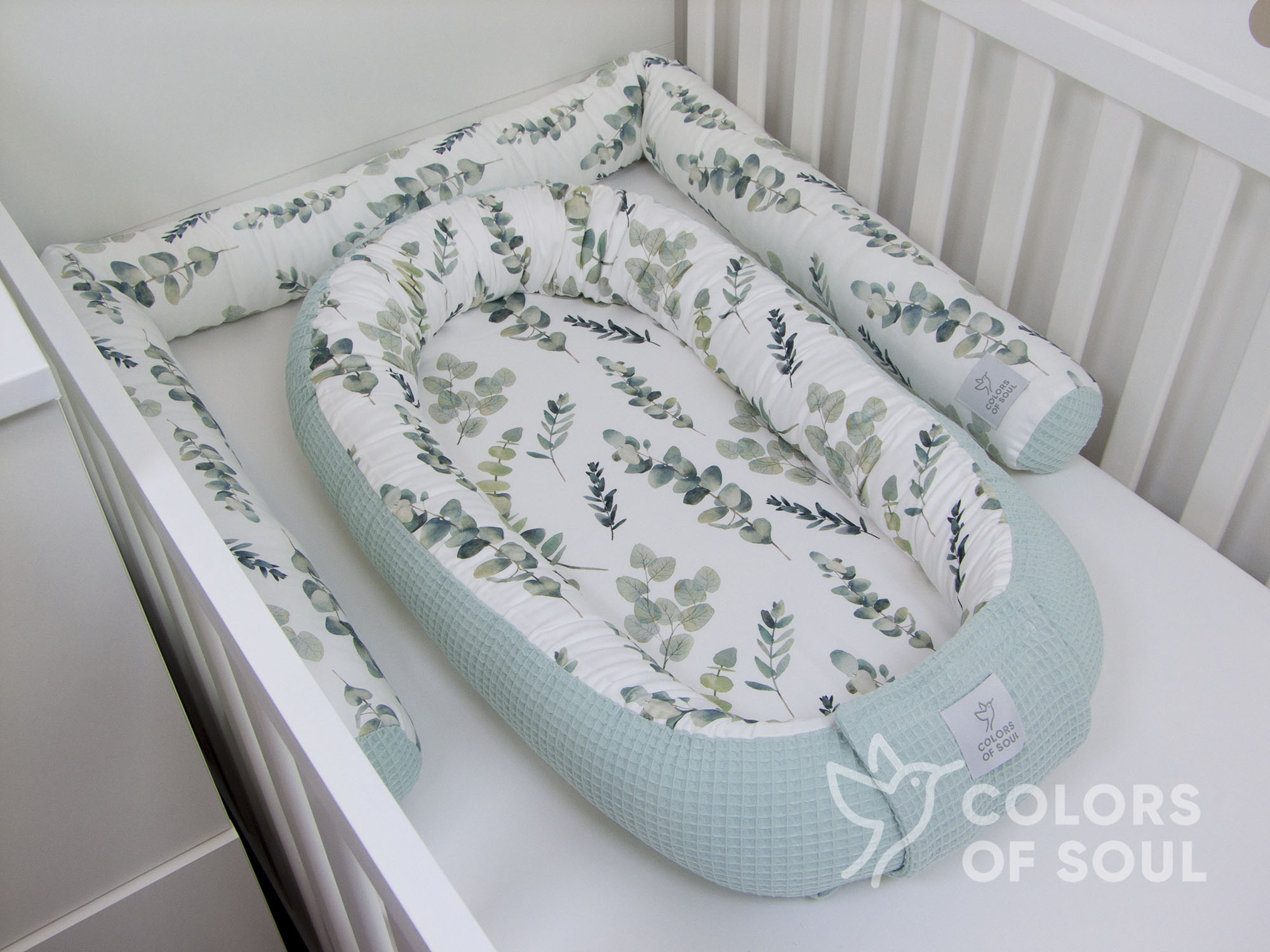 3-er SET - Wickelauflage mit Inlett, Babynest, Bettrolle - Eukalyptus Aquarell / Waffel pastellmint