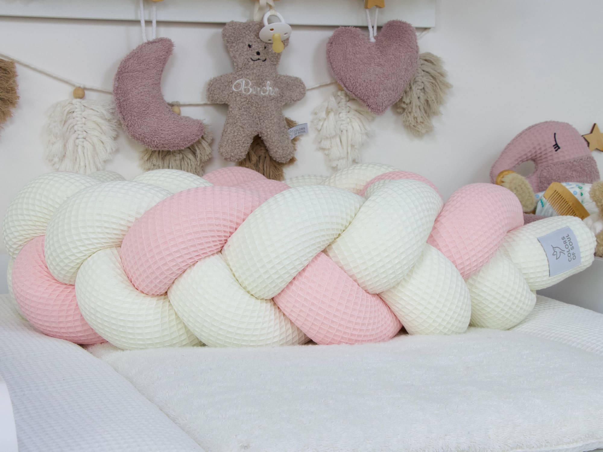 Bettschlange geflochten: Waffelpique creme, hellrosa, creme