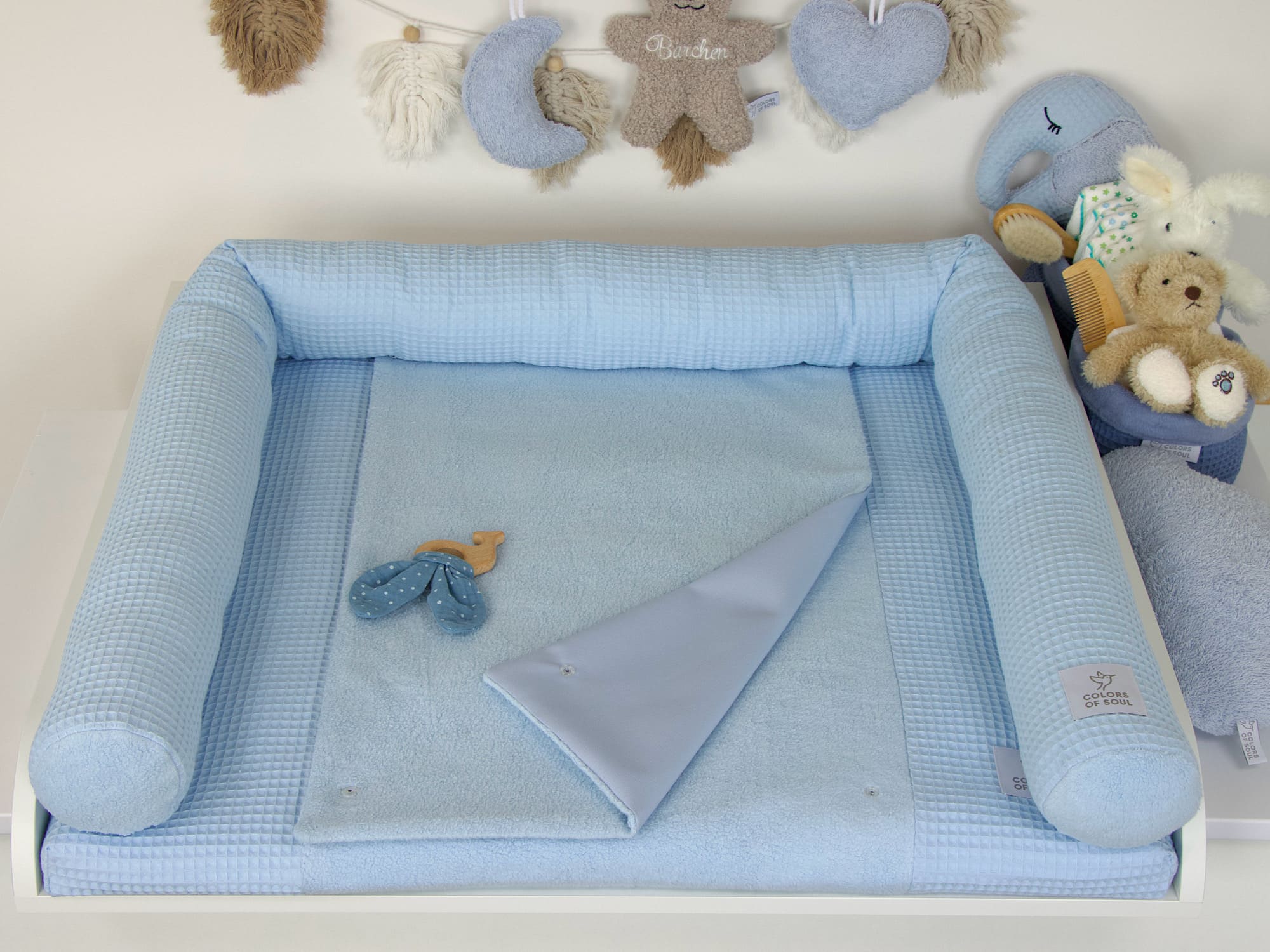 2-er SET - Wickelauflage mit Inlett, Bettschlange - Waffelpique babyblau / Baumwollfleece blau