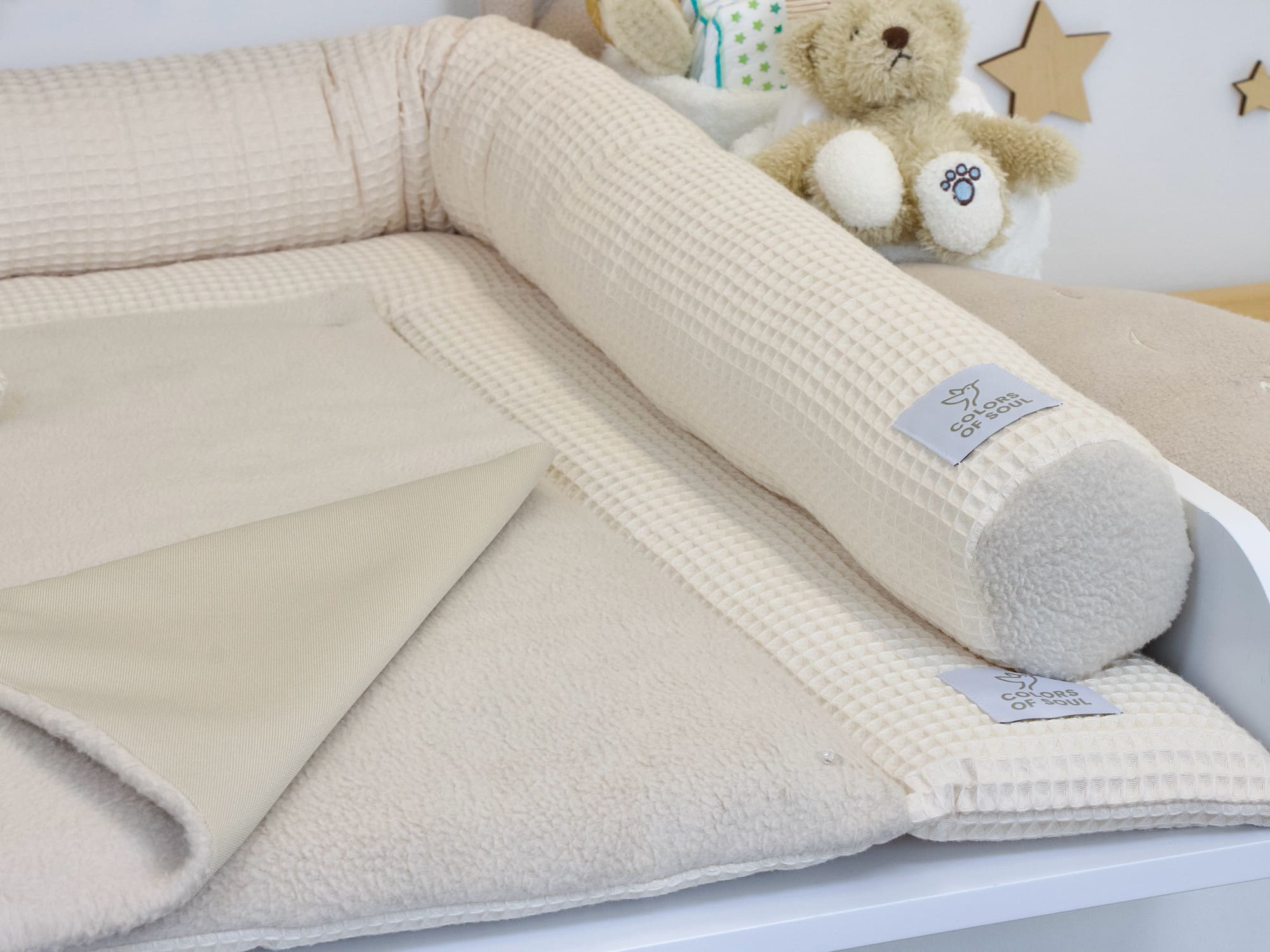 2-er SET - Wickelauflage, Bettschlange - Waffelpique hellbeige / Baumwollfleece beige
