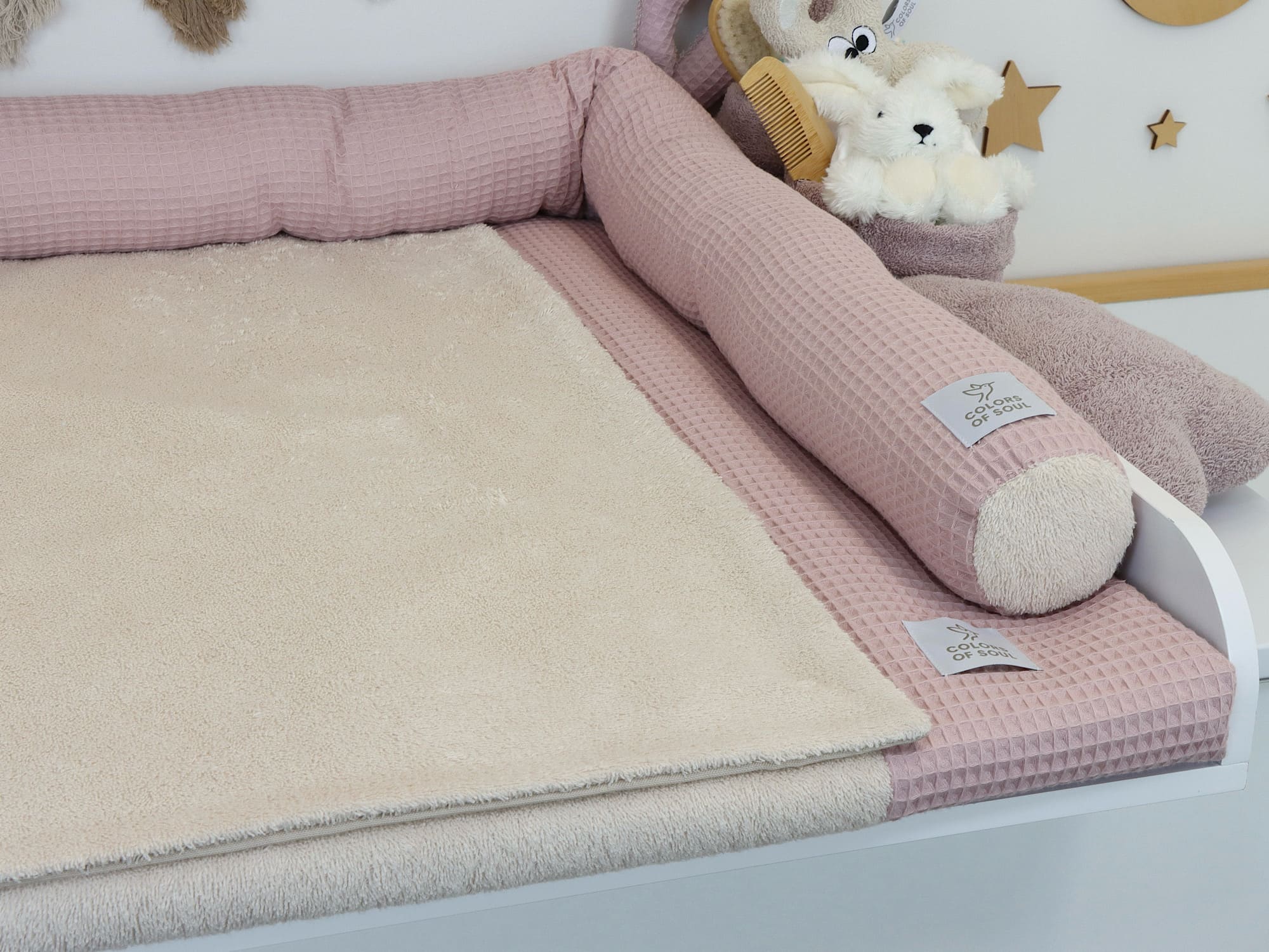 Wickelauflage mit Bezug & Bettschlange – Waffelpique Altrosa & Frottee Light Sand