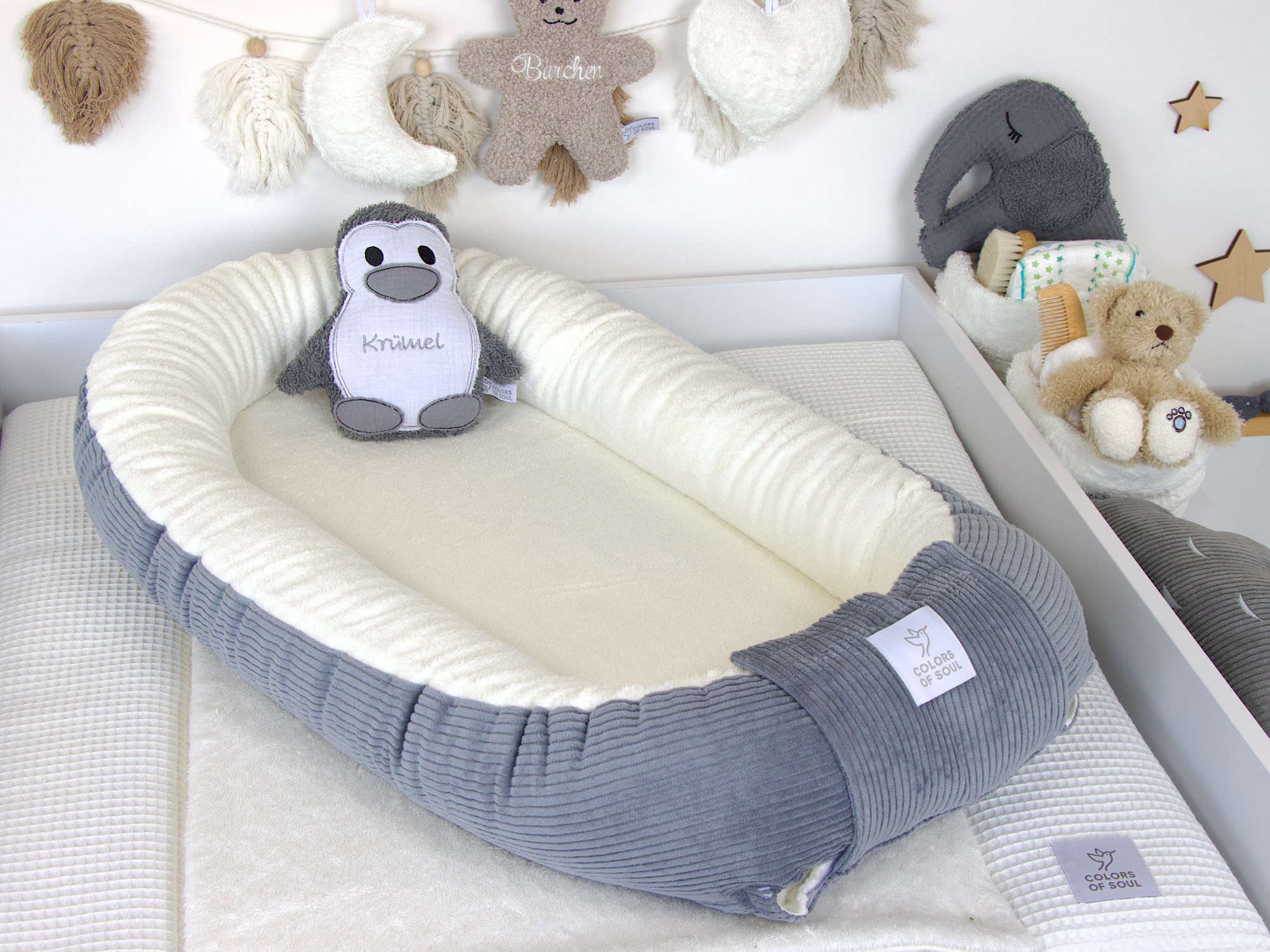 Babynestchen - Kordstoff grau / Baumwollfleece creme