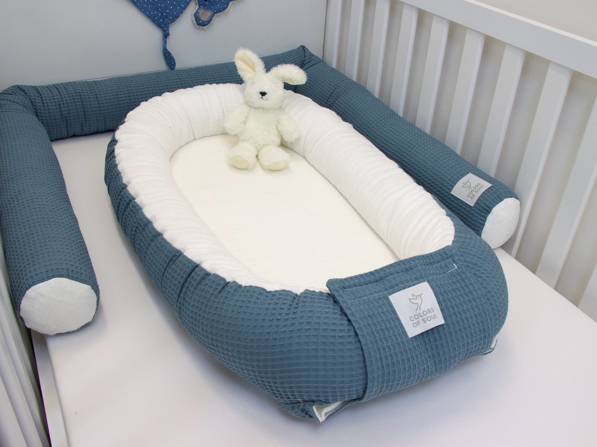 3-er SET - Wickelauflage mit Inlett, Babynest, Bettrolle - Waffel stahlblau / Baumwollfleece creme