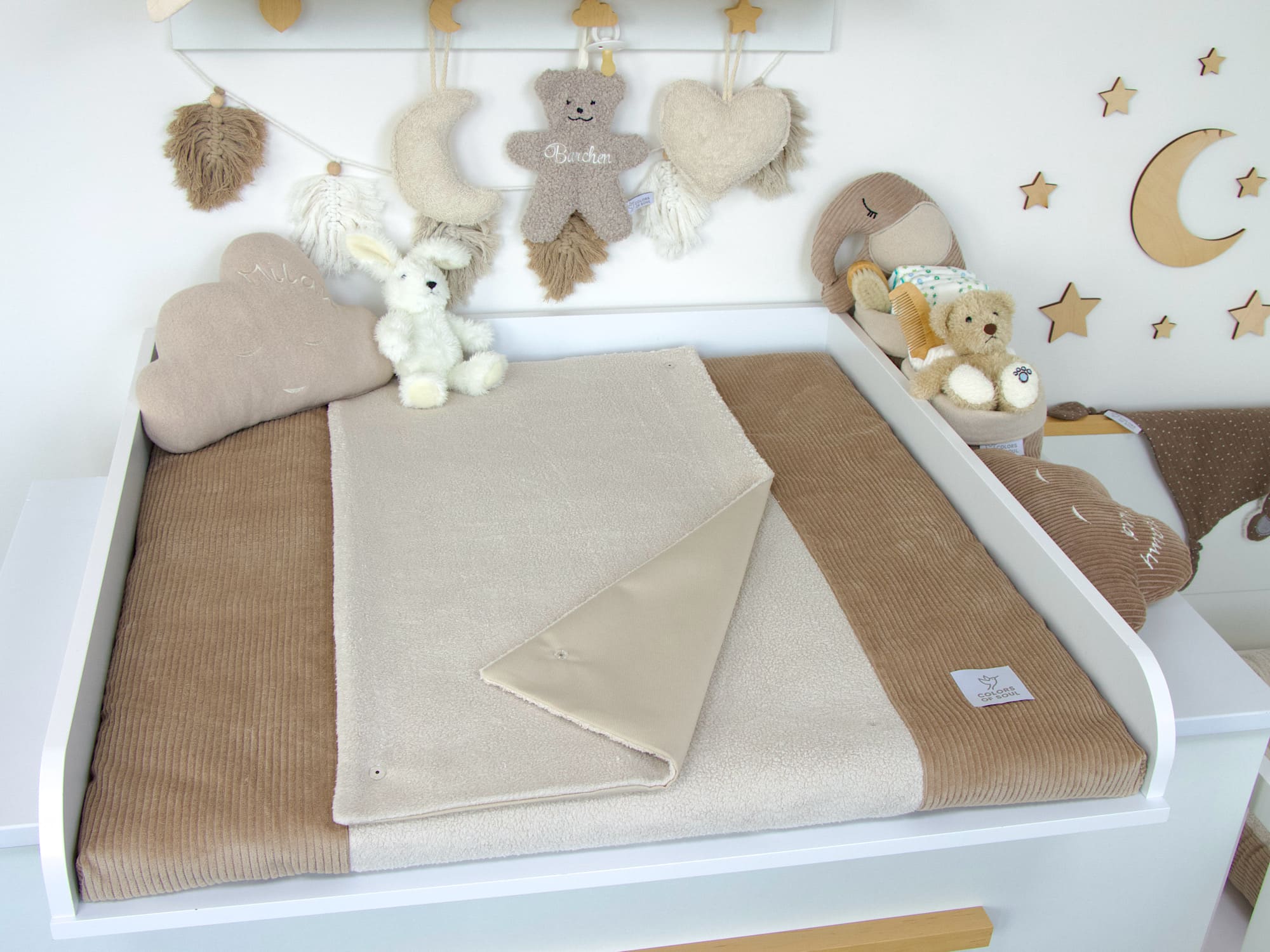 Weiche Wickelauflage aus Cord Camel mit beiger Baumwollfleece Liegefläche