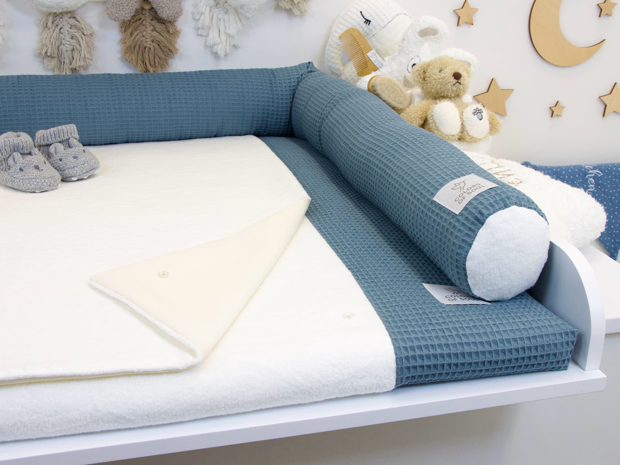 2-er SET - Wickelauflage mit Inlett, Bettschlange - Waffelpique stahlblau / Baumwollfleece creme