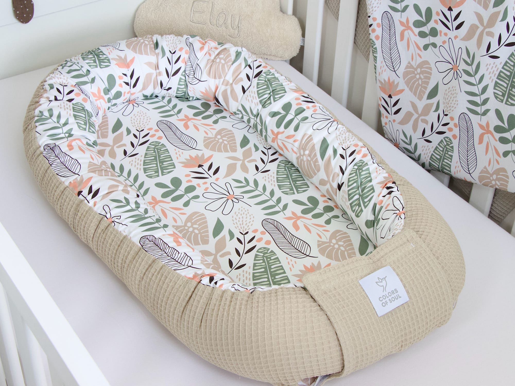 5-er SET - Wickelauflage mit Inlett, Babynestchen, Bettschlange - Tropical Blumen / Waffel beige