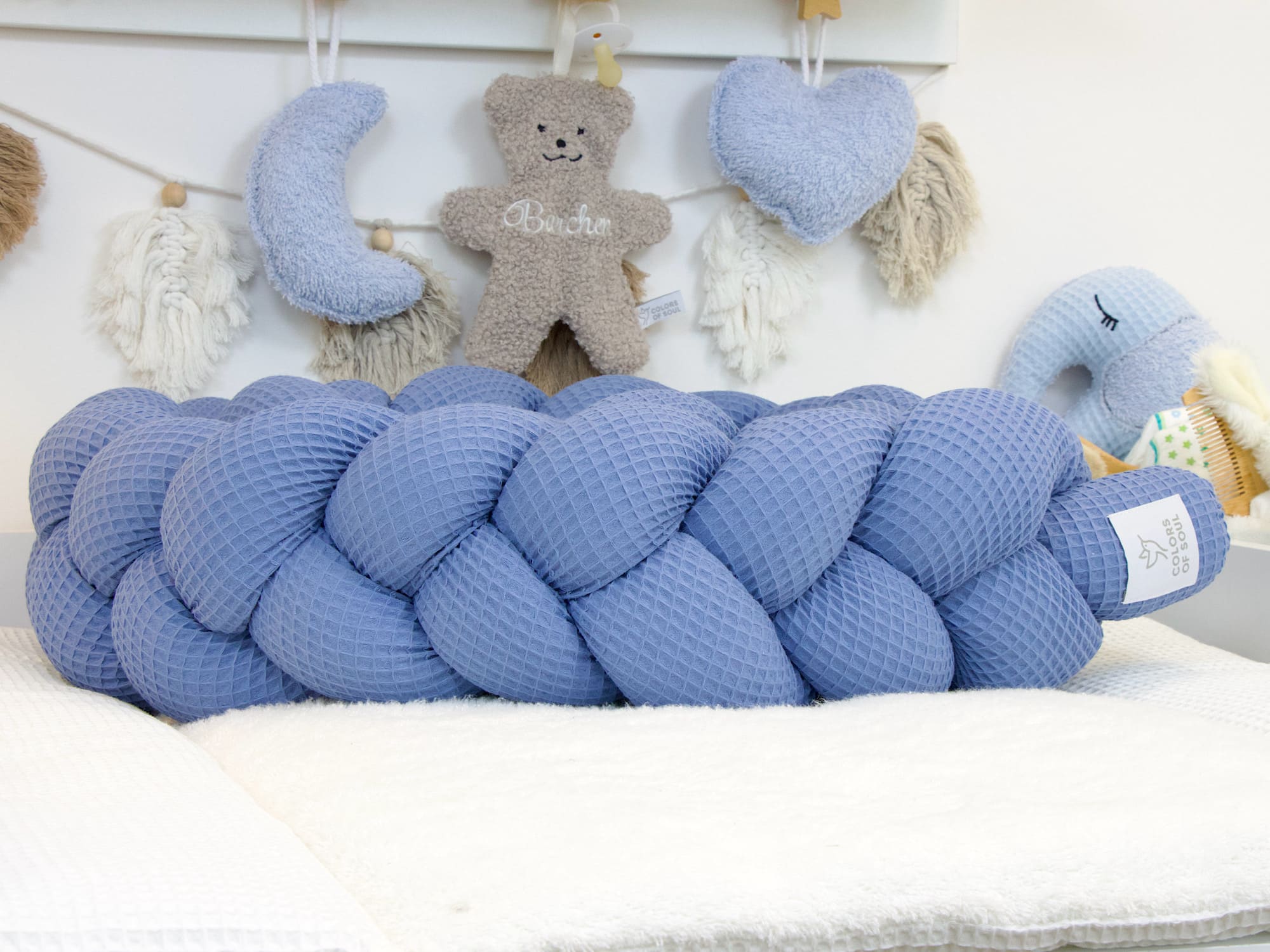 Geflochtene Bettschlange: Waffelpique blau