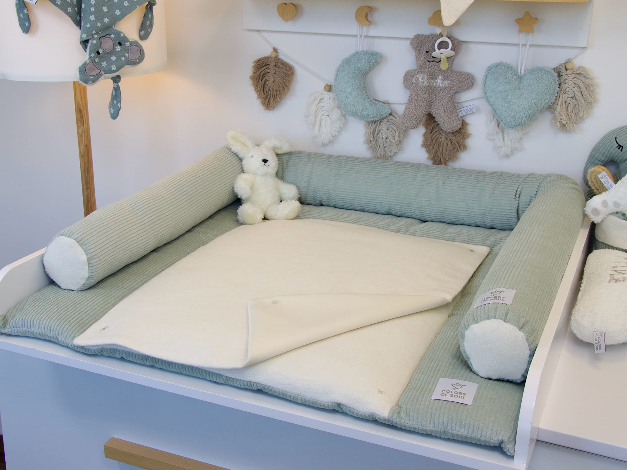 Wickelauflage Set mit Bettschlange - Cord mint / Baumwollfleece creme