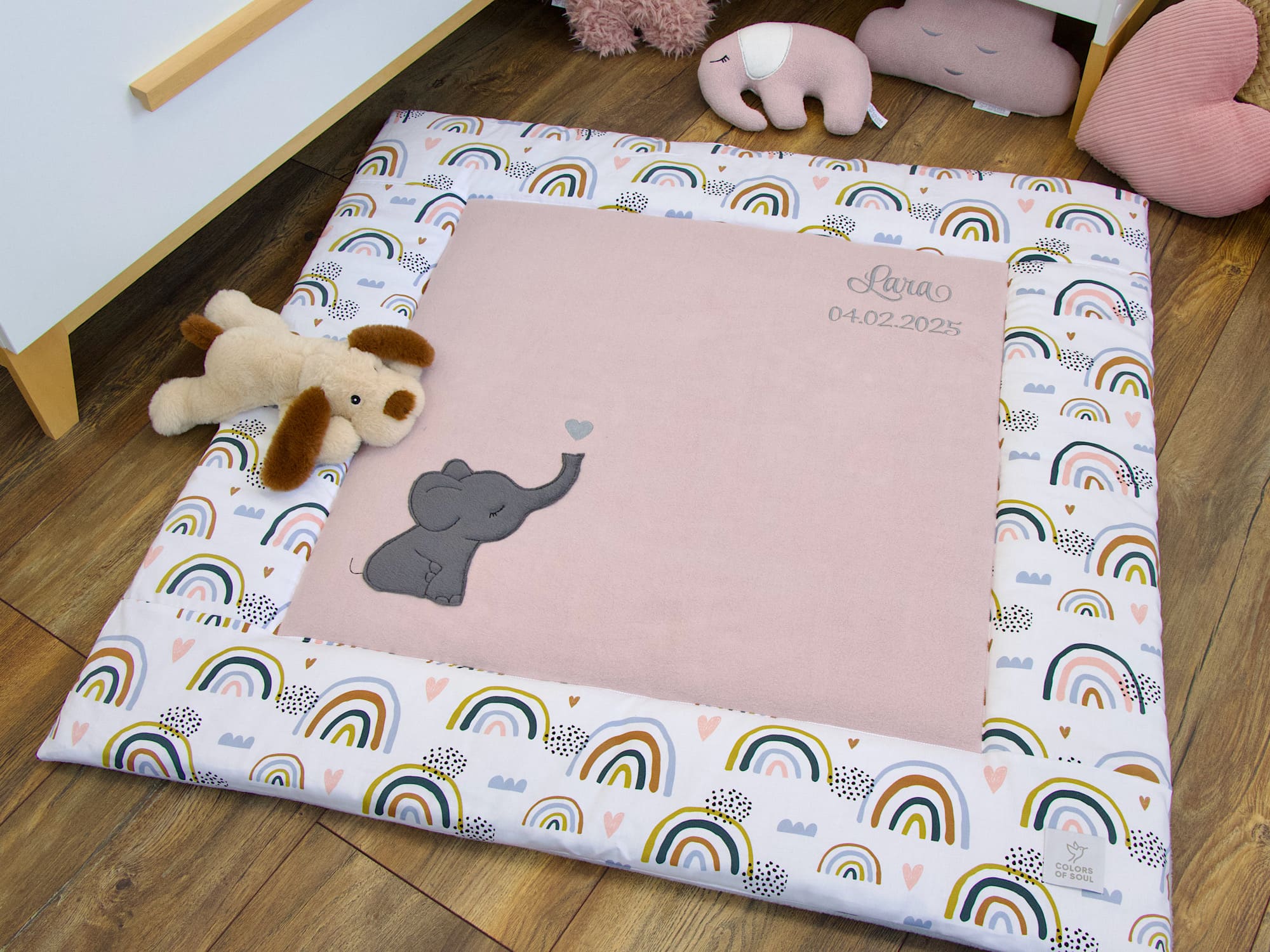 Krabbeldecke Regenbogen und Herzen / Baumwollfleece altrosa