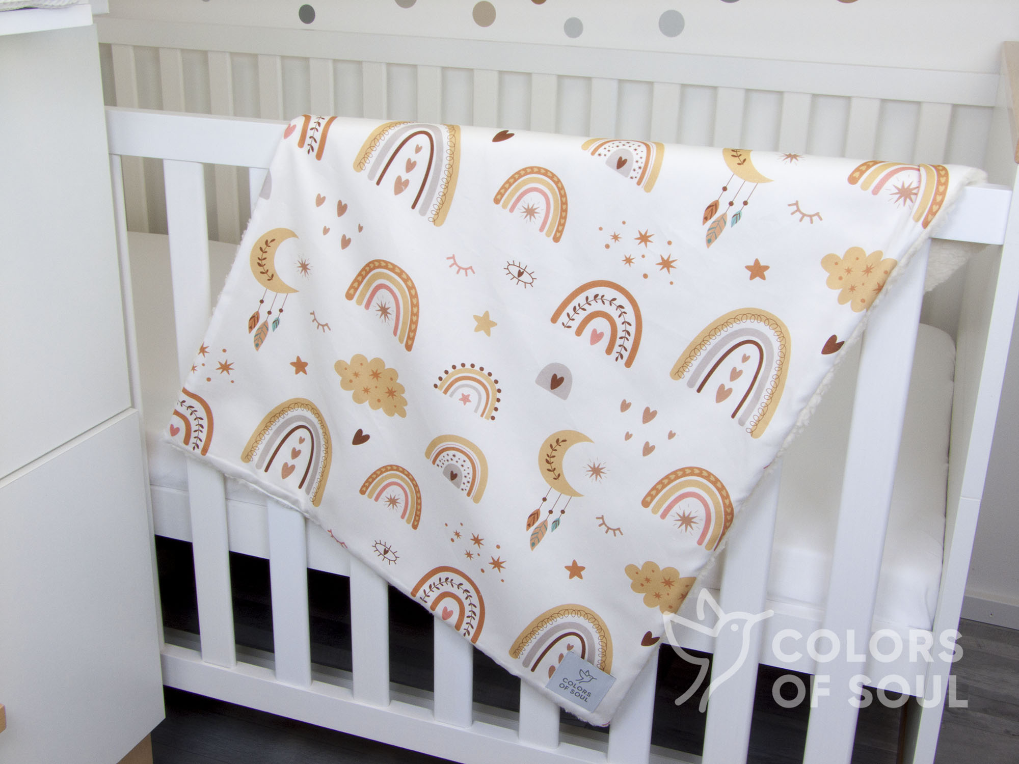 Babydecke - Baby boho Regenbogen / Teddyplüsch creme