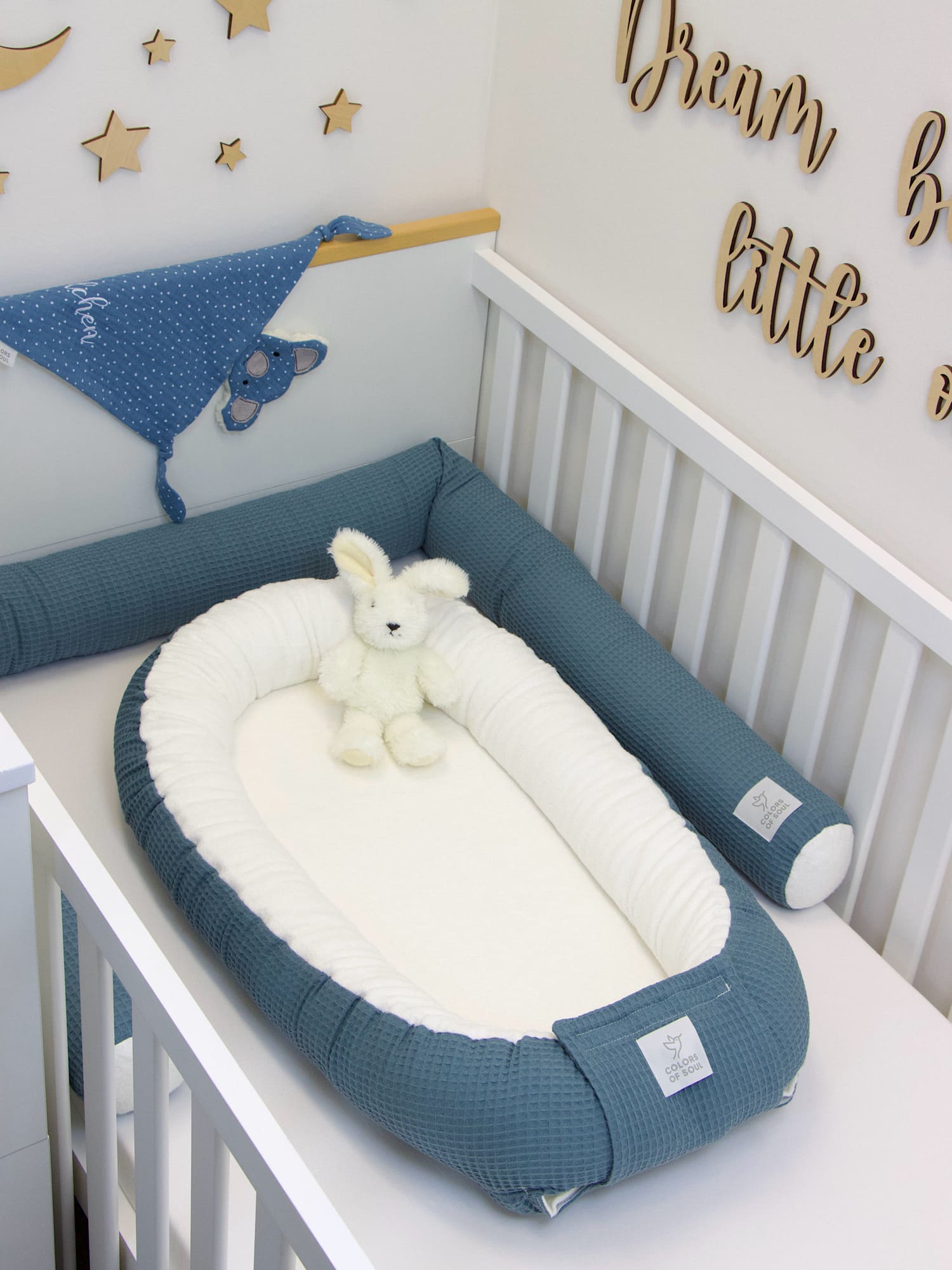 3-er SET - Wickelauflage mit Inlett, Babynest, Bettrolle - Waffel stahlblau / Baumwollfleece creme