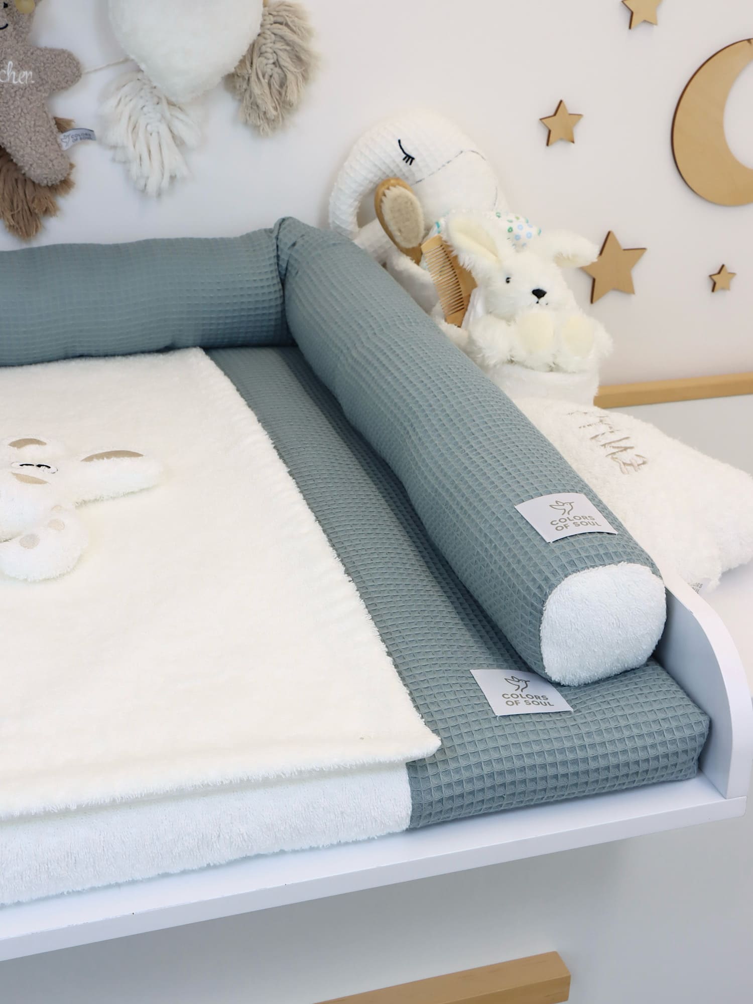 Wickelauflage mit Bezug & Bettschlange – Waffelpique Dusty Altmint & Frottee Creme