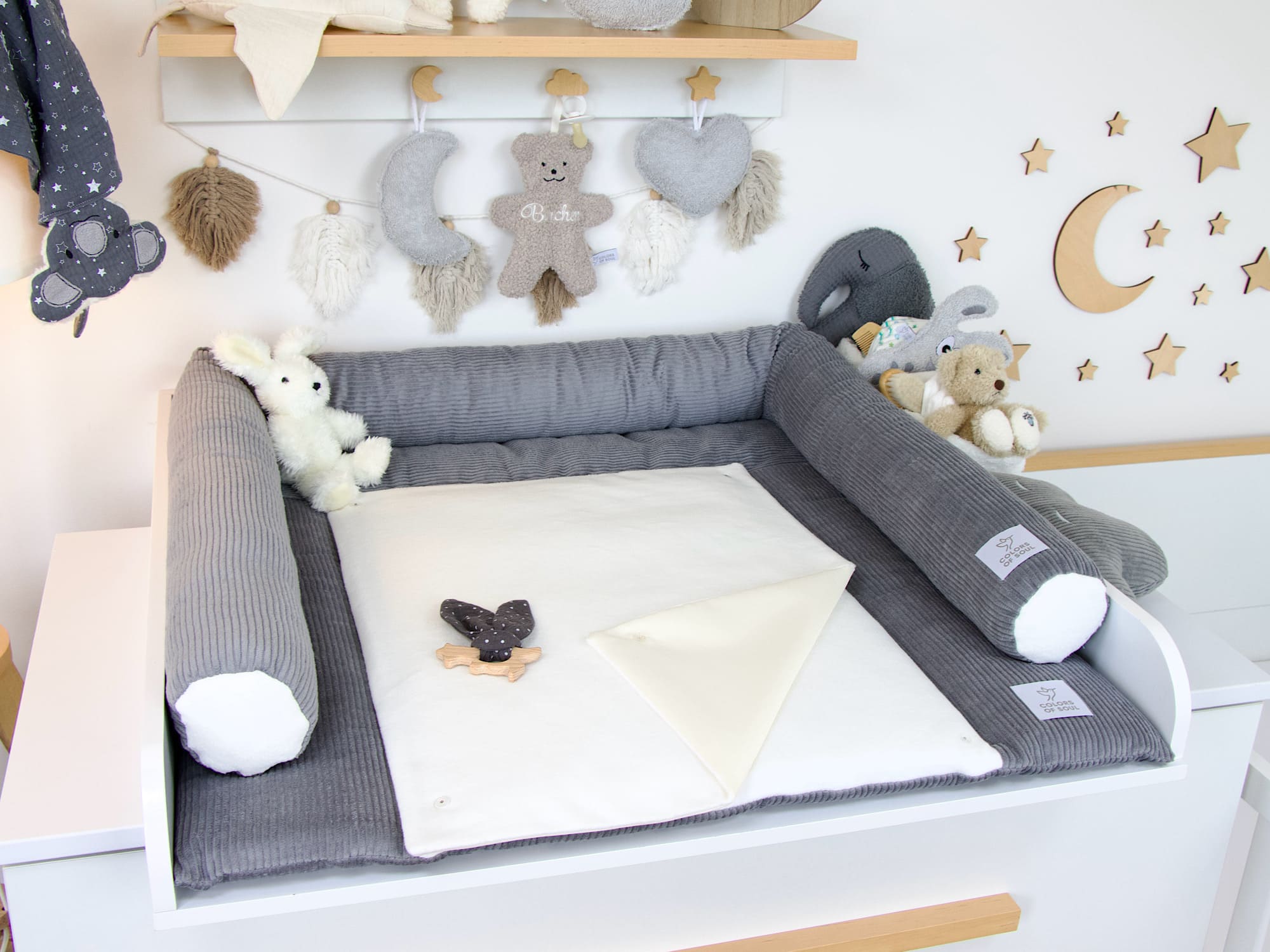 Wickelauflage Set mit Bettschlange Cord grau / Baumwollfleece creme
