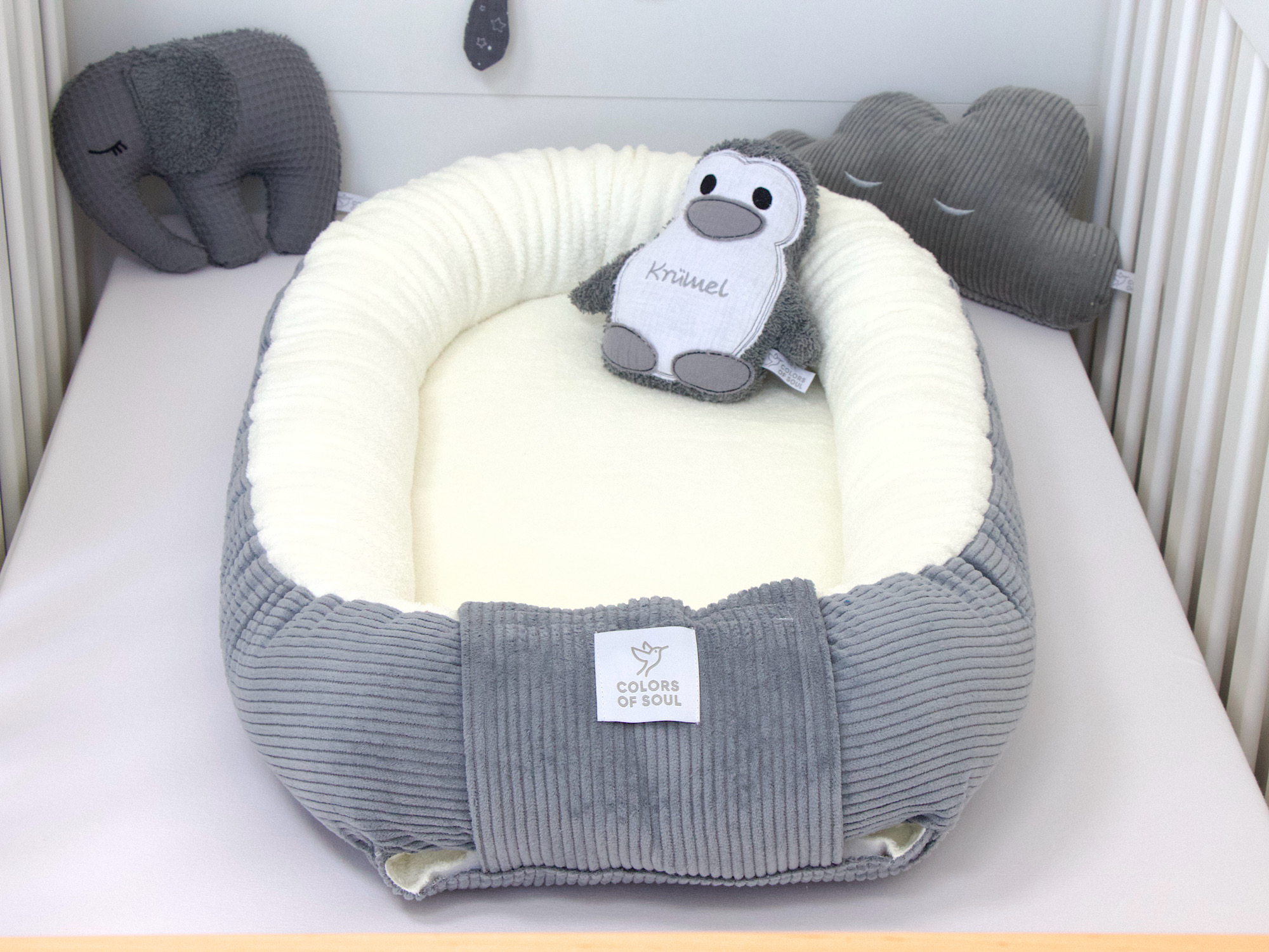 Babynestchen - Kordstoff grau / Baumwollfleece creme