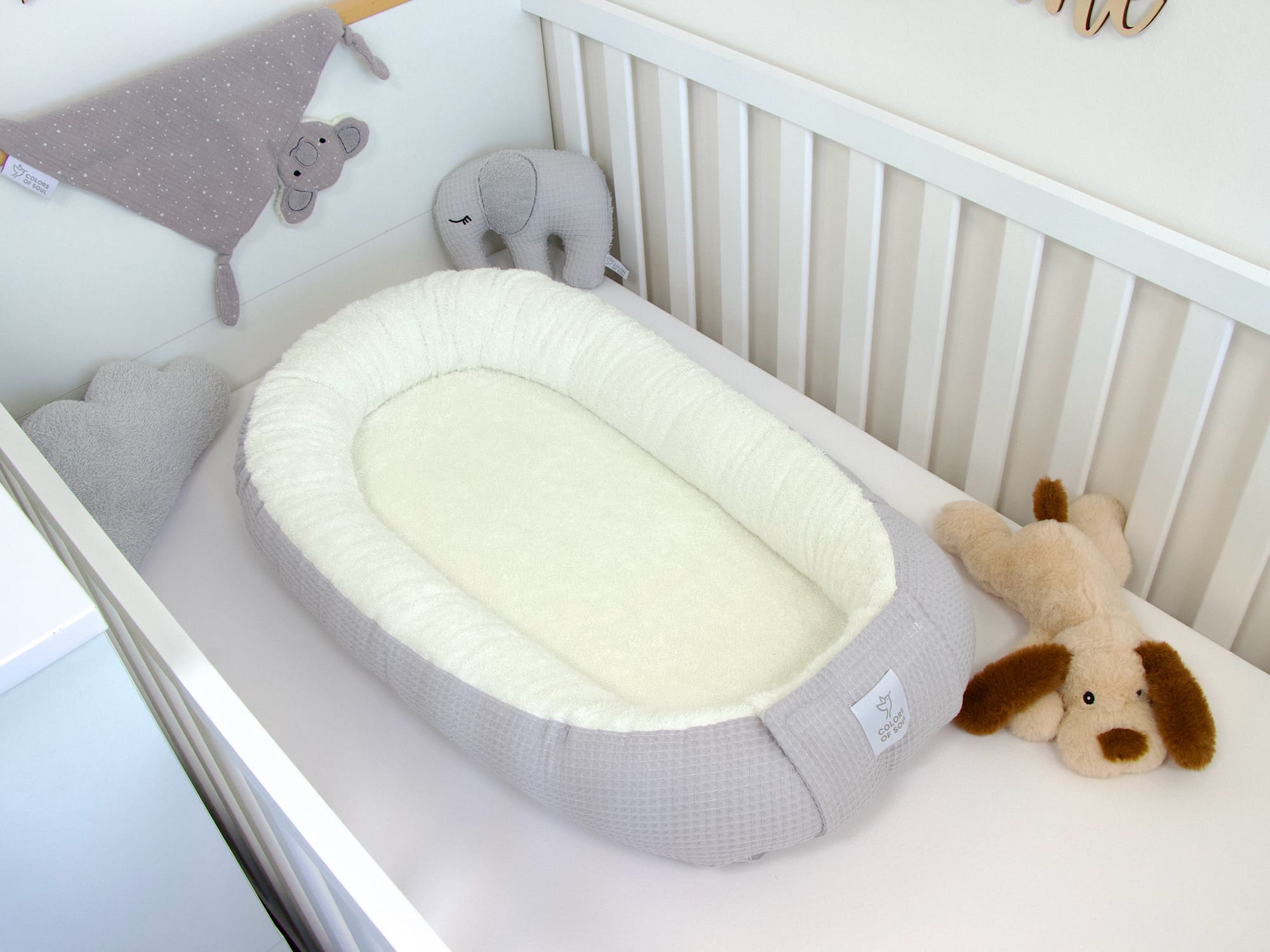 Wickelauflage Set mit Babynestchen - Waffelpique hellgrau / Frottee creme