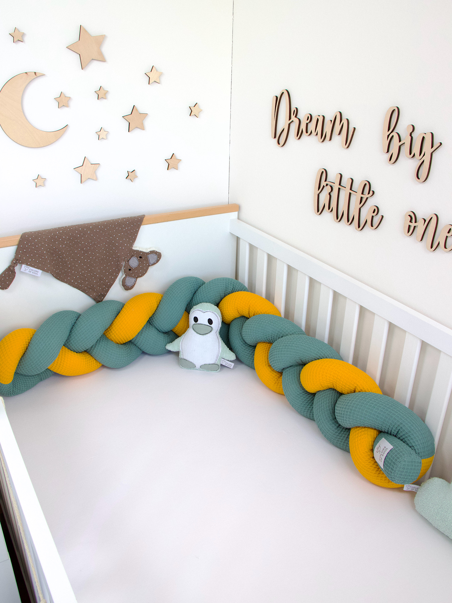 Geflochtene Bettschlange für das Kinderzimmer – Waffelpique altgrün, altgrün, gelb