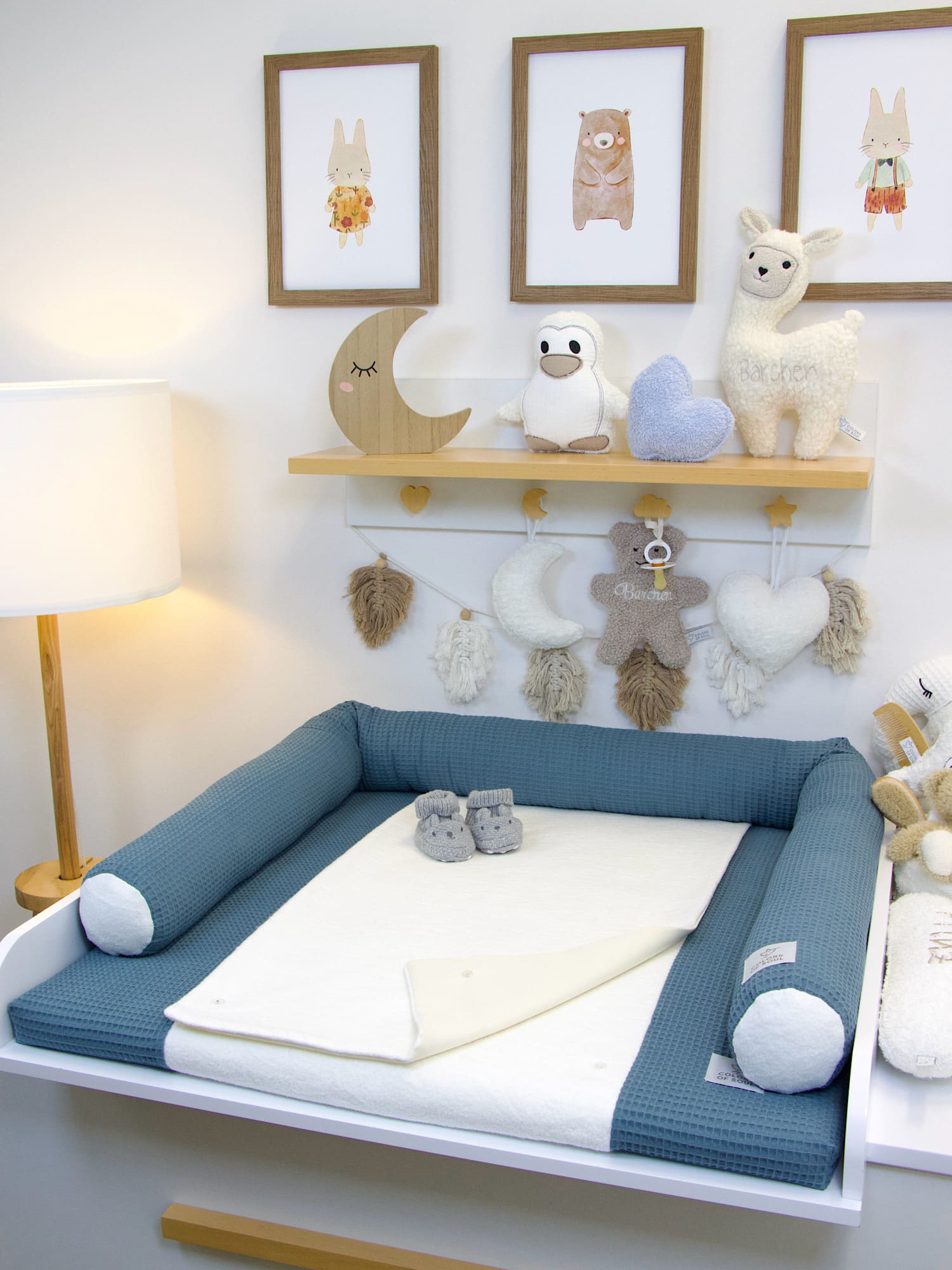 3-er SET - Wickelauflage mit Inlett, Babynest, Bettrolle - Waffel stahlblau / Baumwollfleece creme