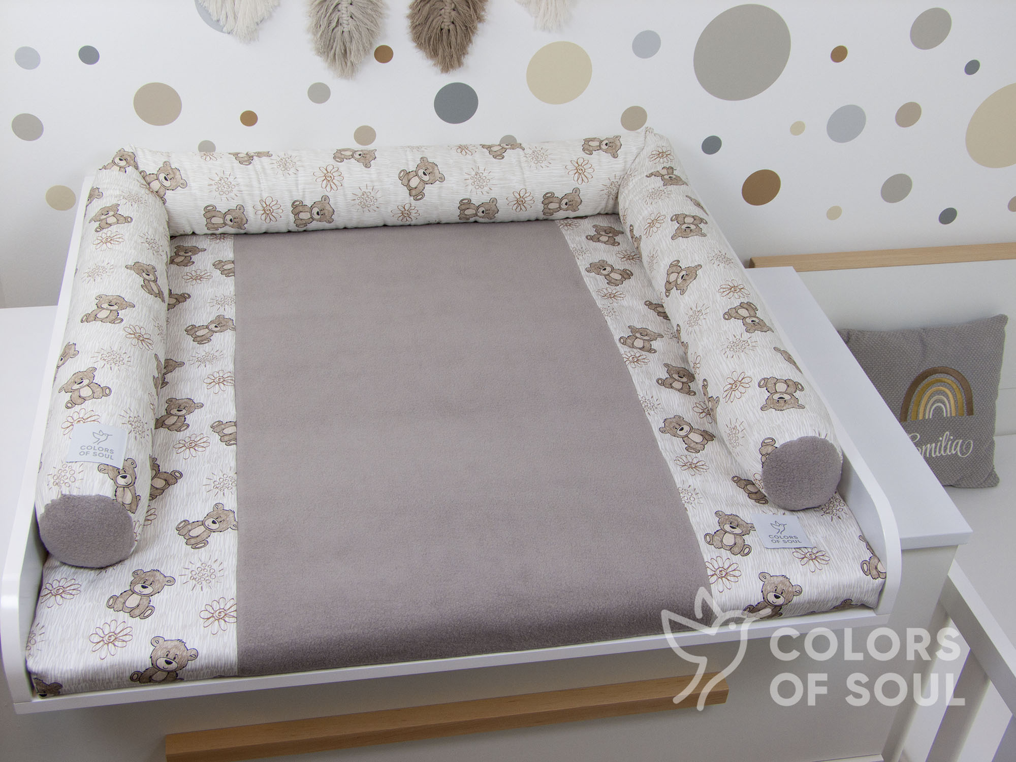 2-er SET - Wickelauflage mit Inlett, Bettschlange - niedliche Bärchen / Baumwollfleece taupe