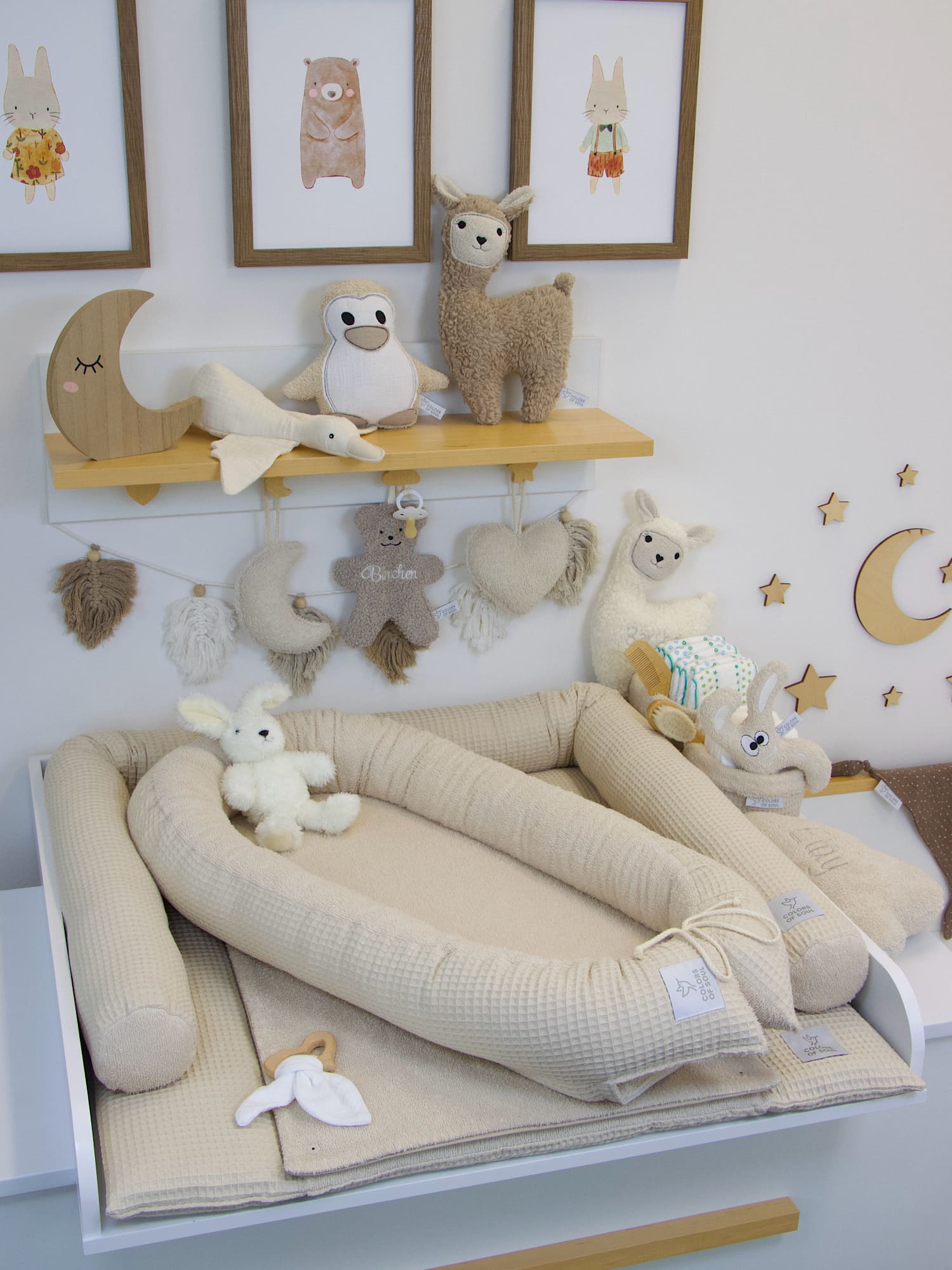 3-er SET - Wickelauflage, Bettschlange, Babynestchen - Waffelpique light sand / Frottee light sand