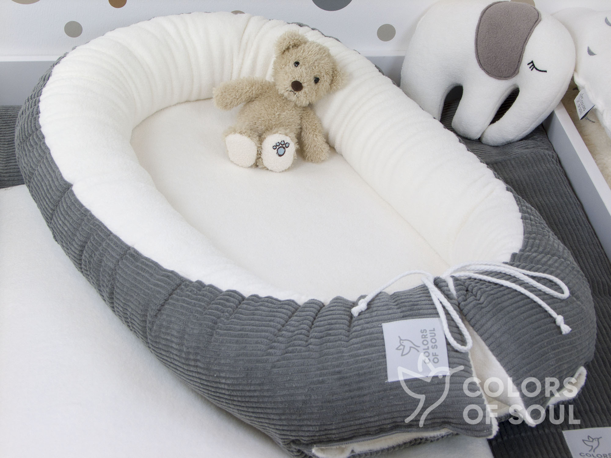 Babynestchen - Kordstoff grau / Baumwollfleece creme