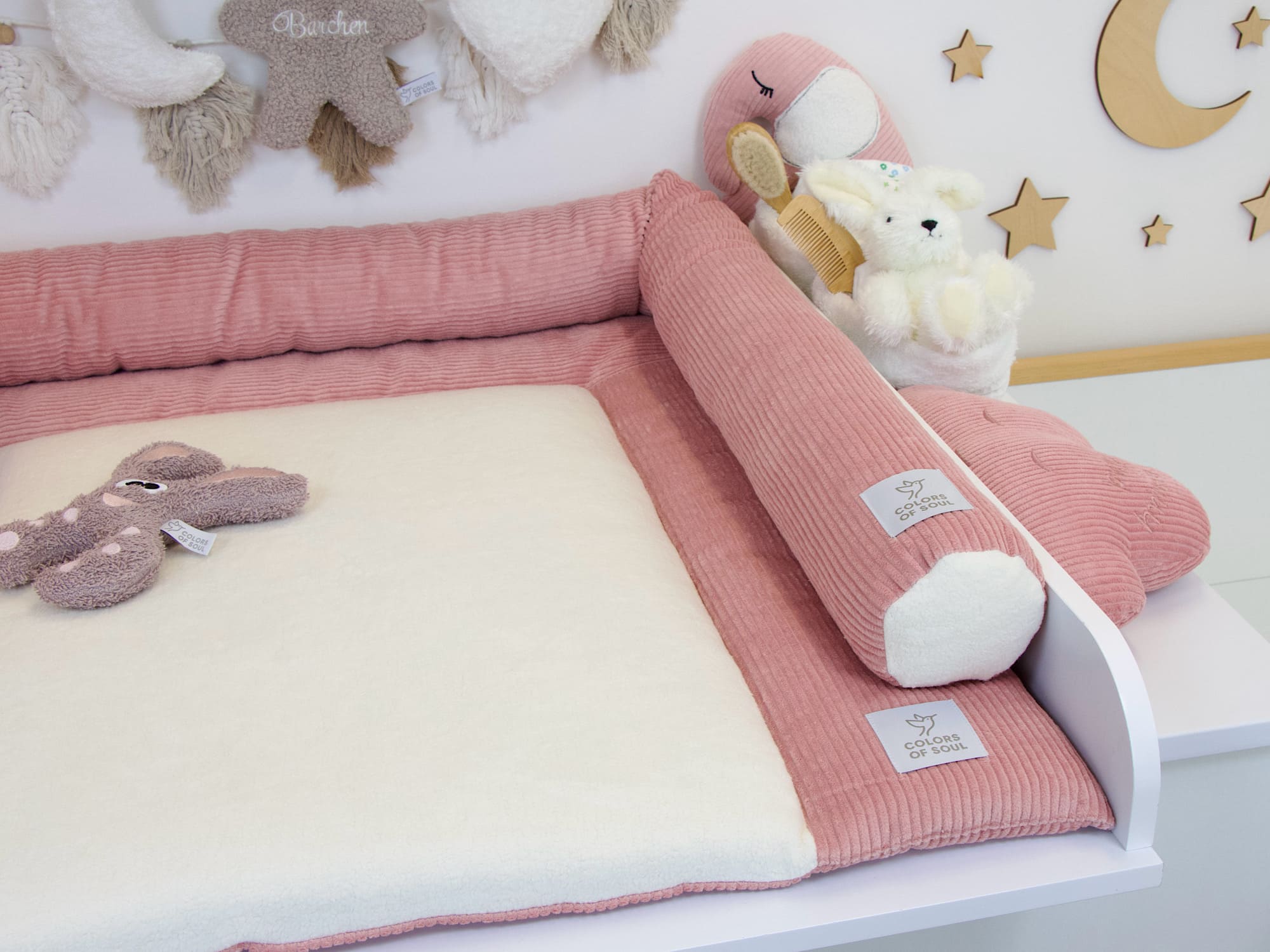 2-er SET - Wickelauflage, Bettschlange - Kord altrosa / Baumwollfleece creme