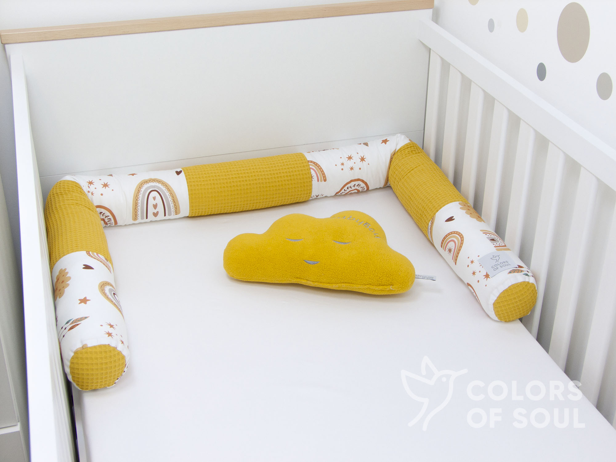Bettschlange Baby boho Regenbogen / Waffelpique gelb