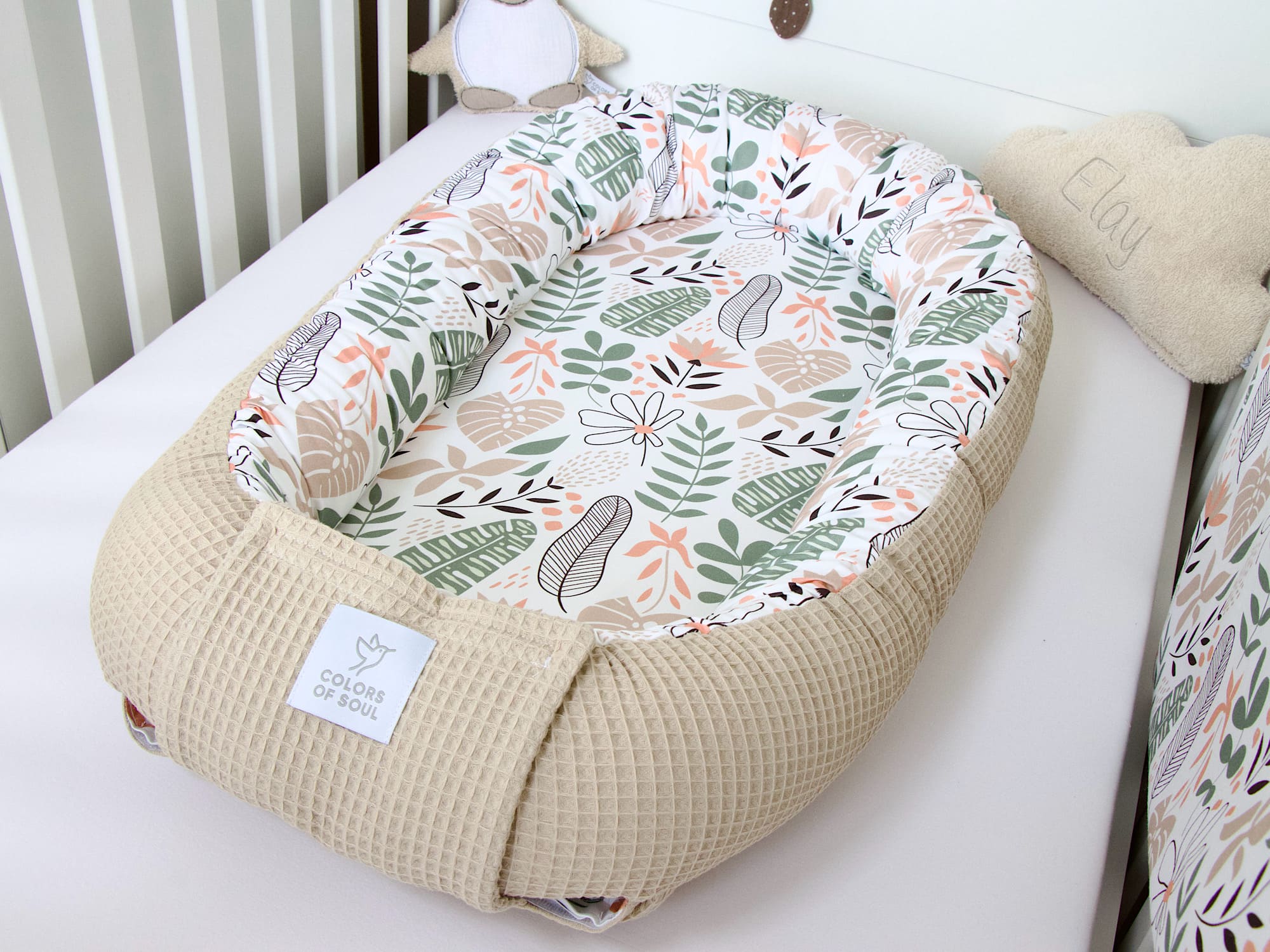 5-er SET - Wickelauflage mit Inlett, Babynestchen, Bettschlange - Tropical Blumen / Waffel beige