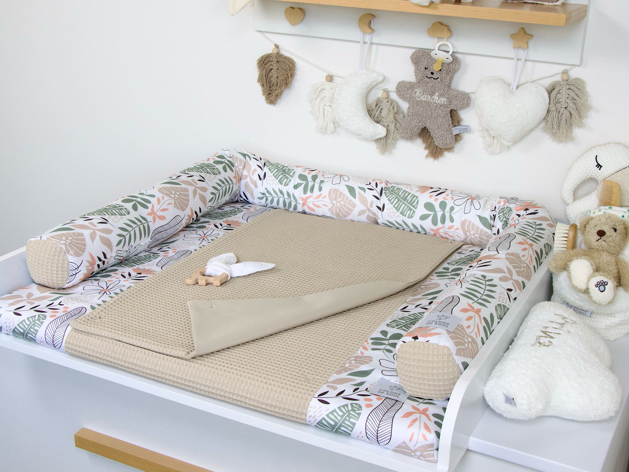2-er SET - Wickelauflage mit Inlett, Bettschlange - Tropical Blumen pastell / Waffelpique beige