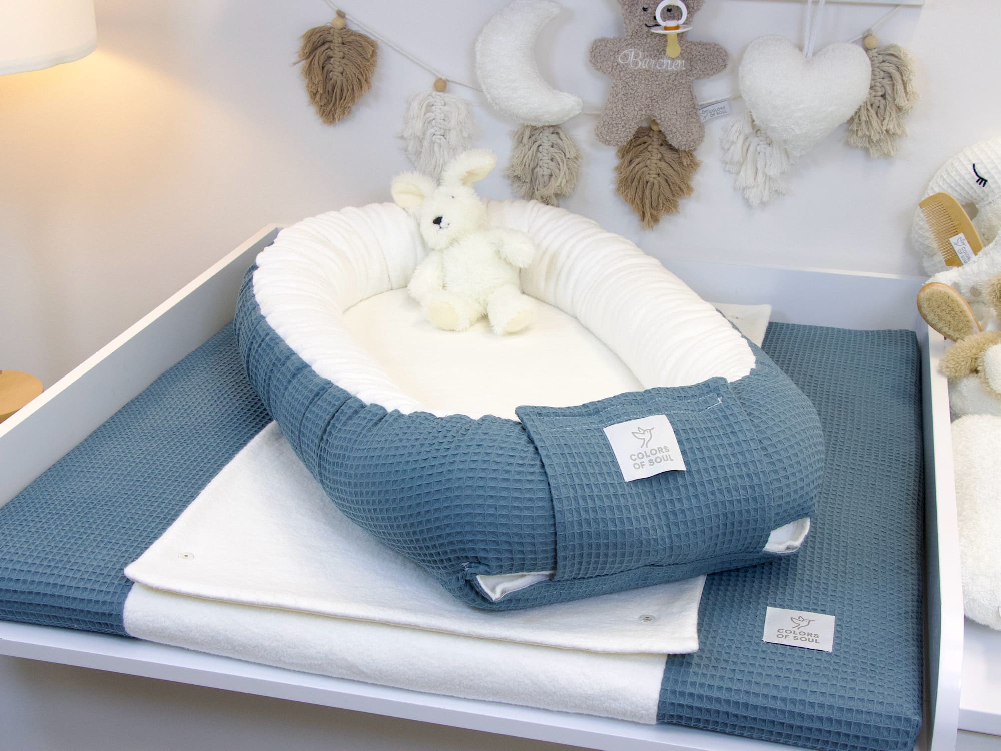 3-er SET - Wickelauflage mit Inlett, Babynest, Bettrolle - Waffel stahlblau / Baumwollfleece creme