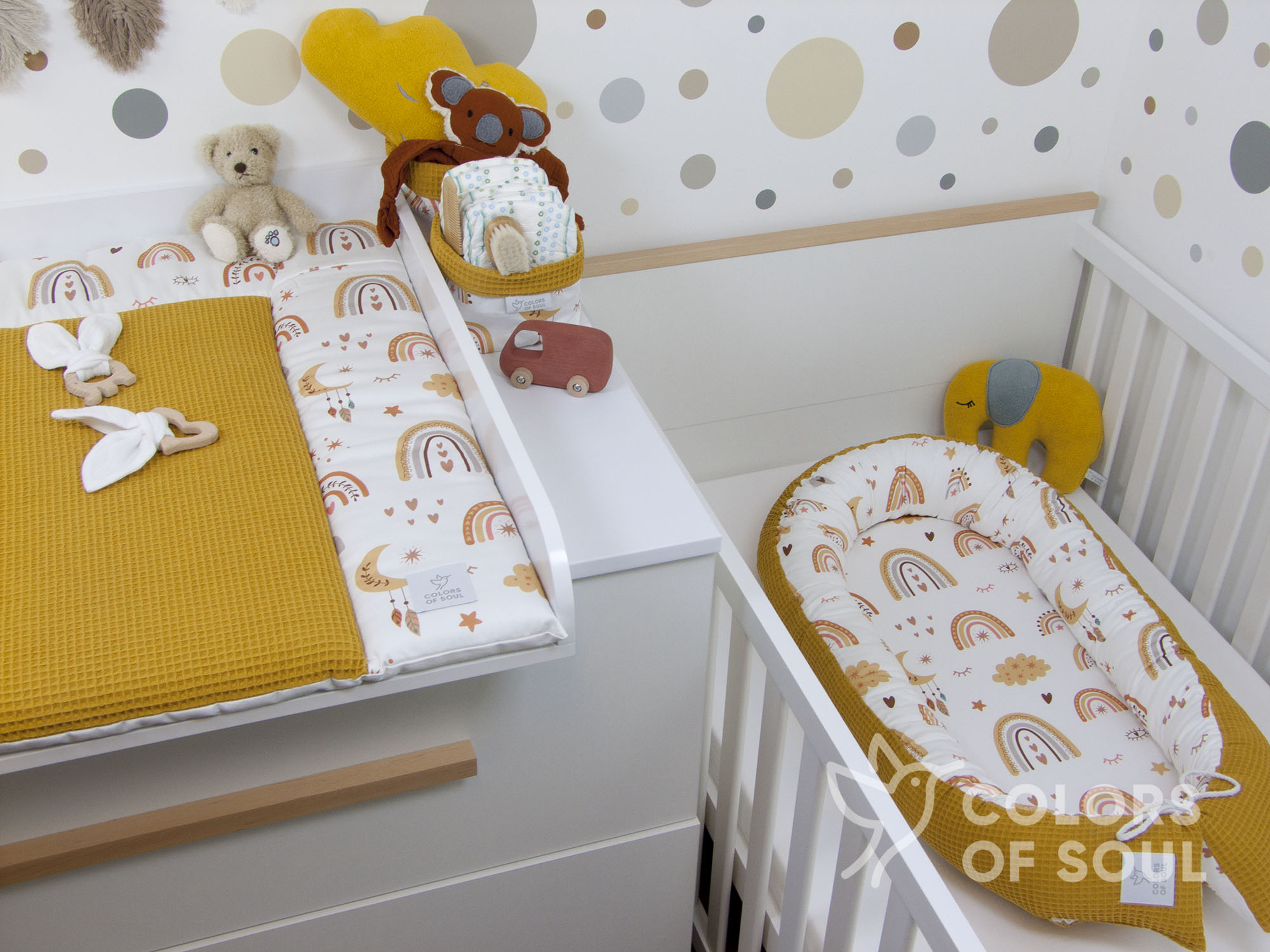 3-er SET - Wickelauflage, Bettschlange, Babynestchen - Baby boho Regenbogen / Waffelpique gelb