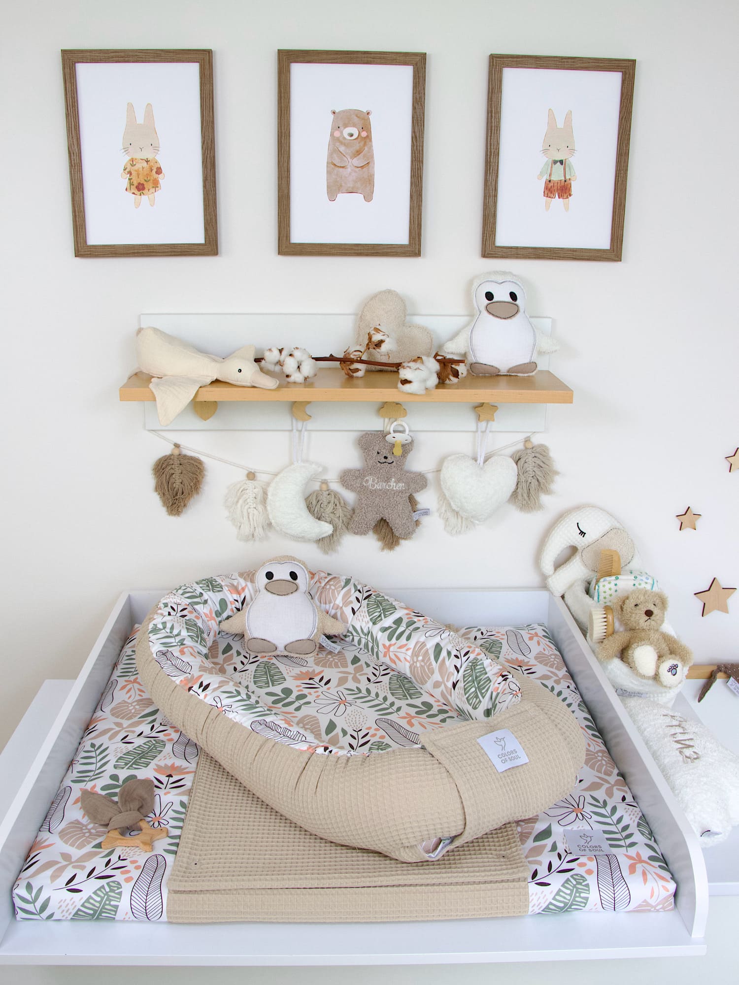 3-er SET - Wickelauflage mit Inlett, Babynest, Bettrolle - Tropical Blumen pastell / Waffel beige