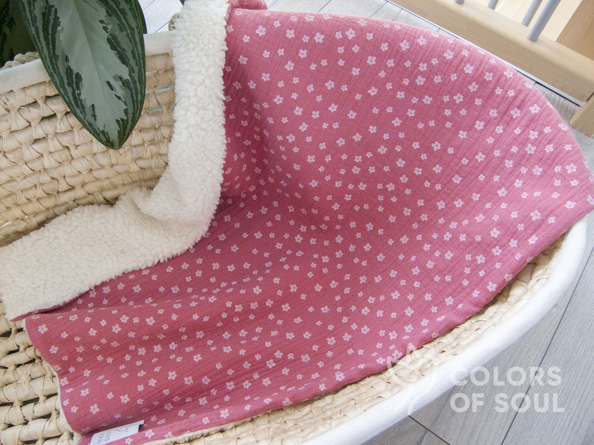 Babydecke - Musselin Blumen rosa / Teddyplüsch creme