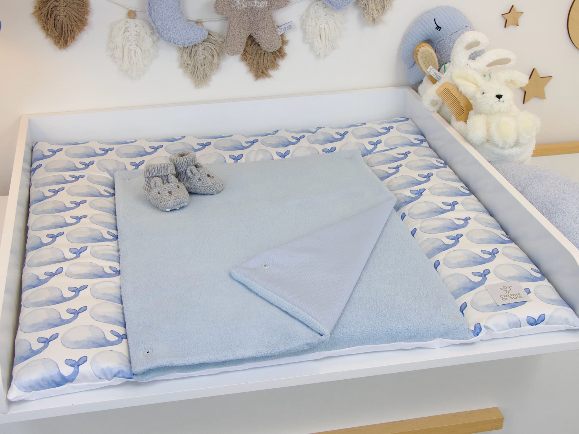 Wickelauflage - blaue Wale Aquarell / Baumwollfleece blau