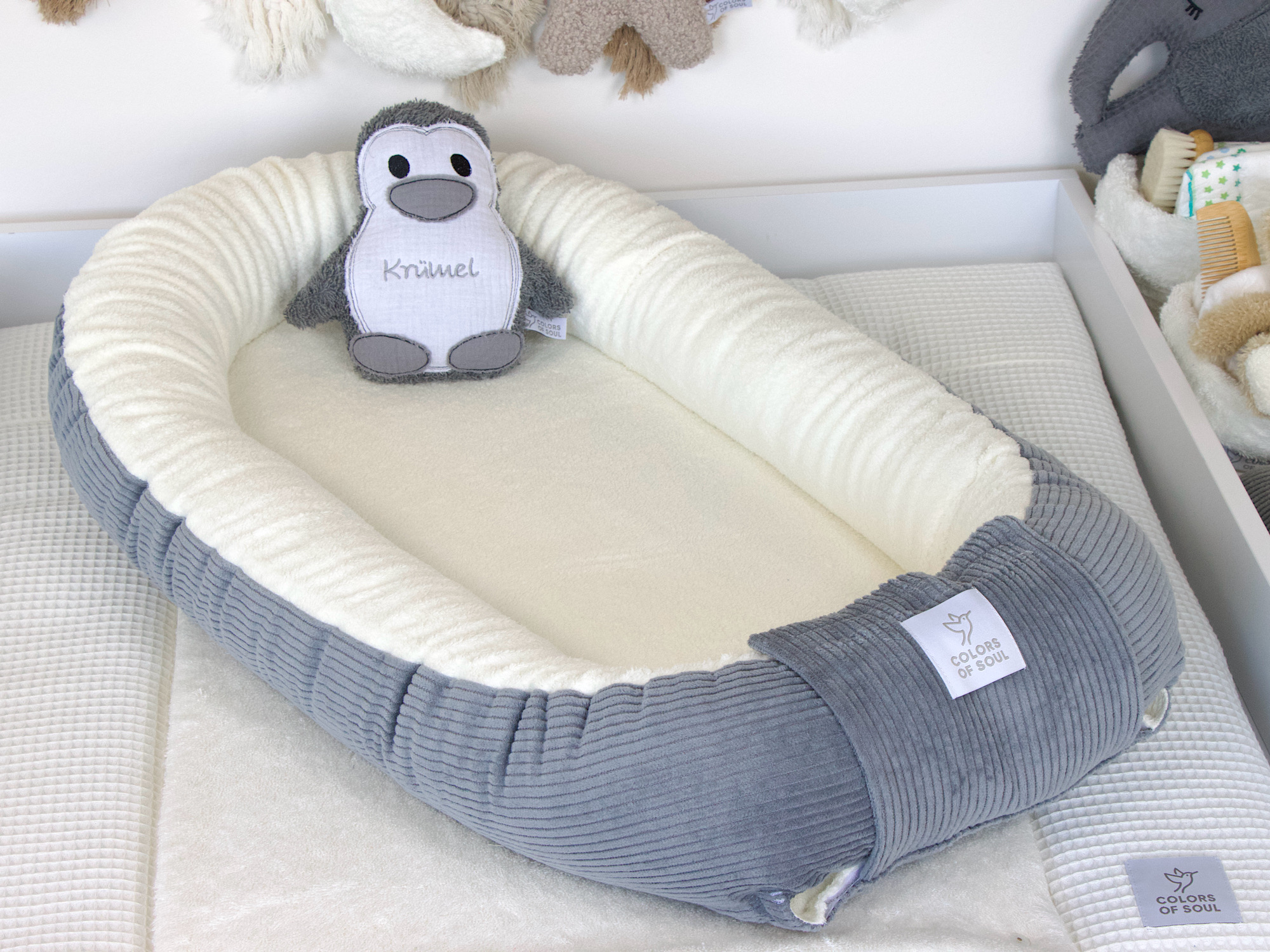 Babynestchen - Kordstoff grau / Baumwollfleece creme