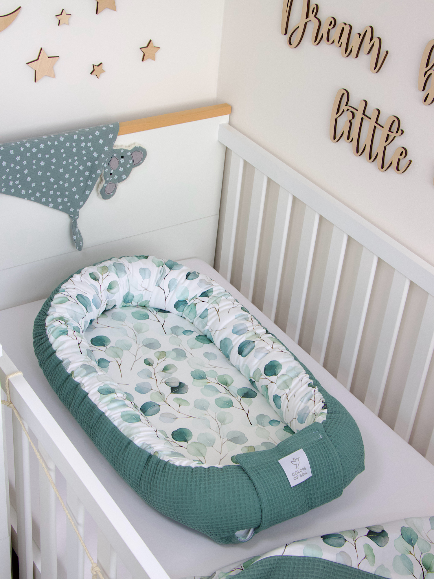 3-er SET - Wickelauflage mit Inlett, Babynest, Bettrolle - Silberdollar-Eukalyptus / Waffel altgrün