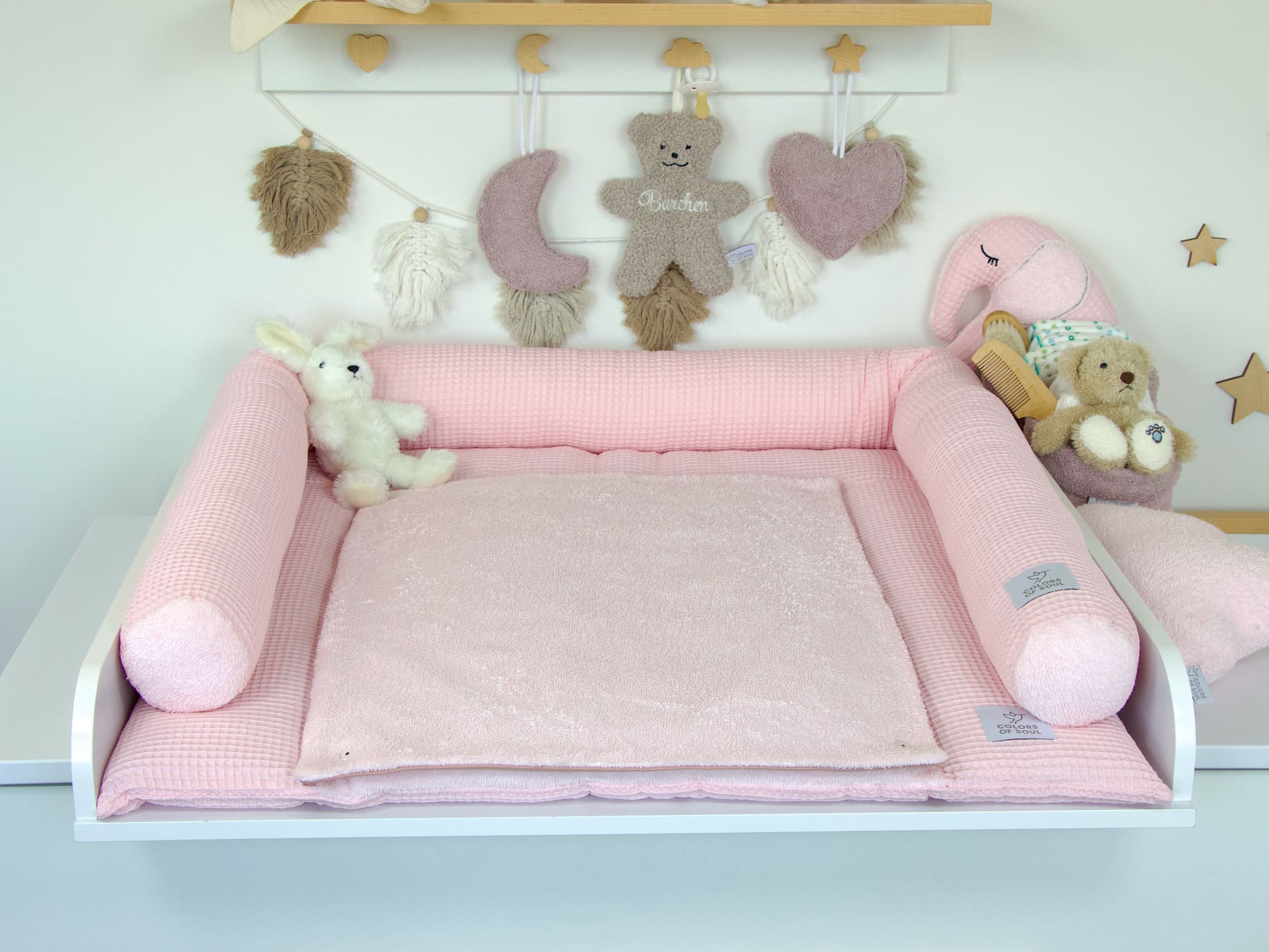3-er SET - Wickelauflage, Bettschlange, Babynestchen - Waffelpique hellrosa / Frottee hellrosa