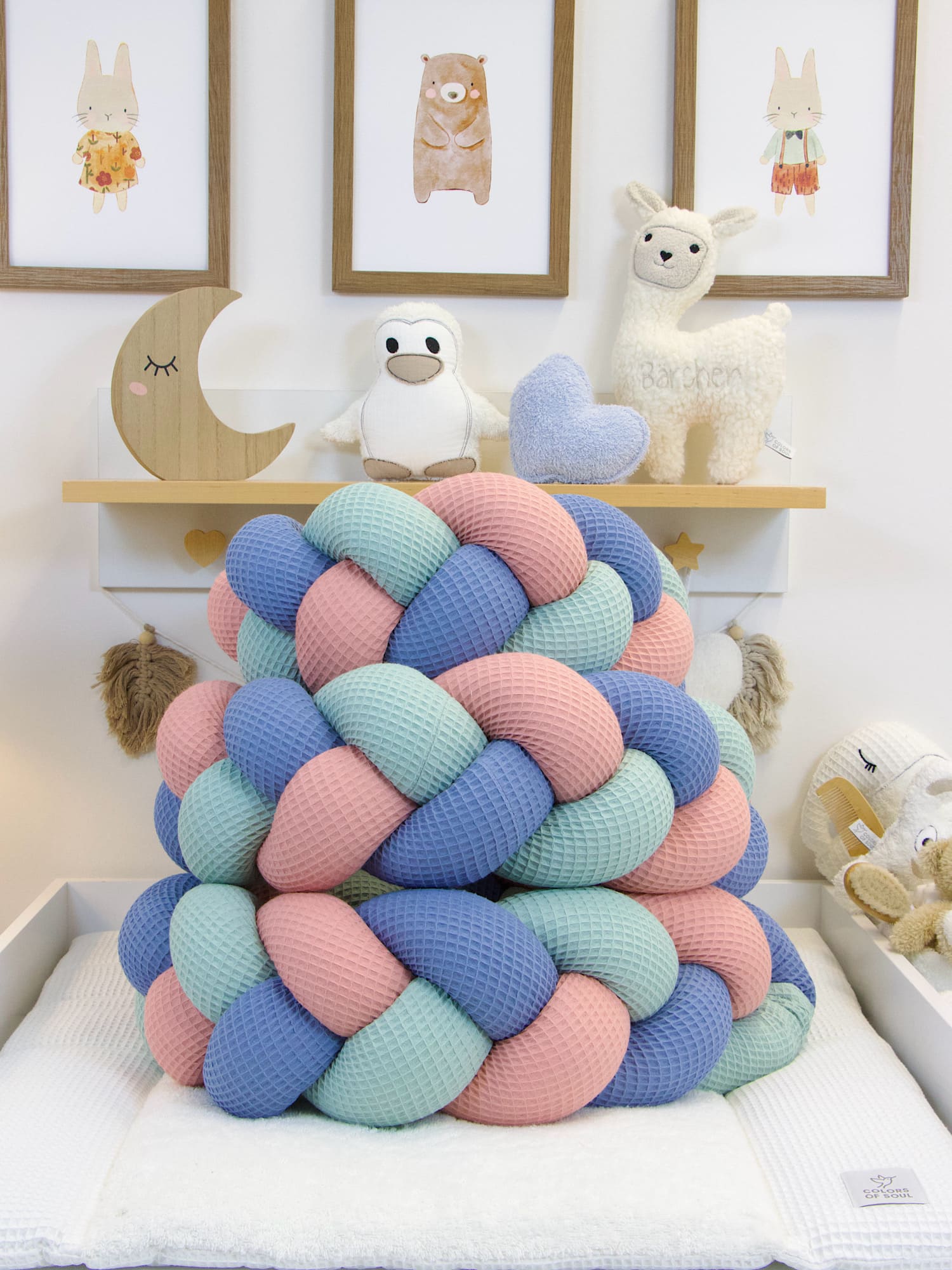 Bettschlange geflochten: Waffelpique blush, hellmint, blau